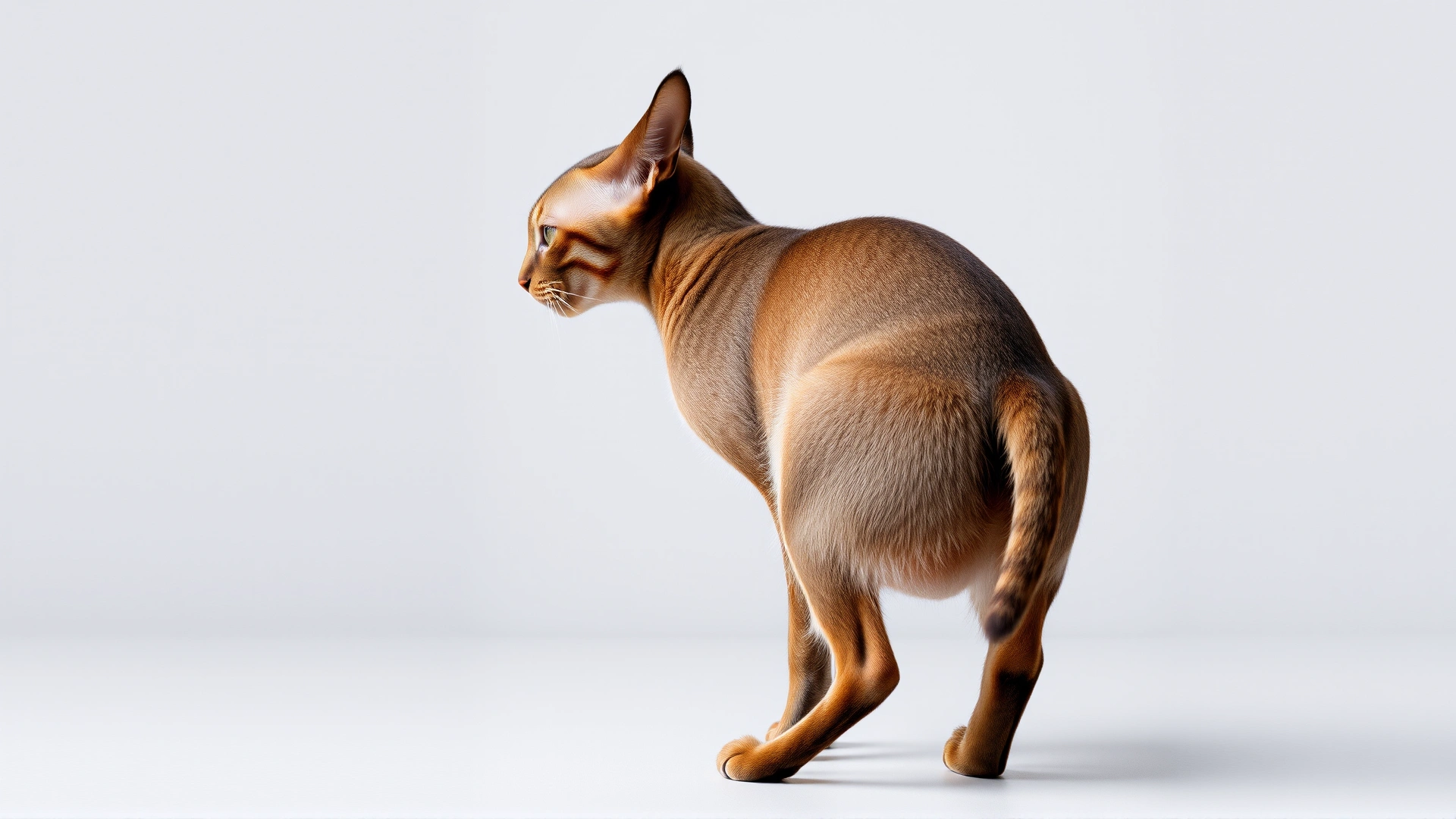 Side profile of an adult tailless Manx cat standing to showcase its rounded back and elongated hind legs on a neutral studio background.