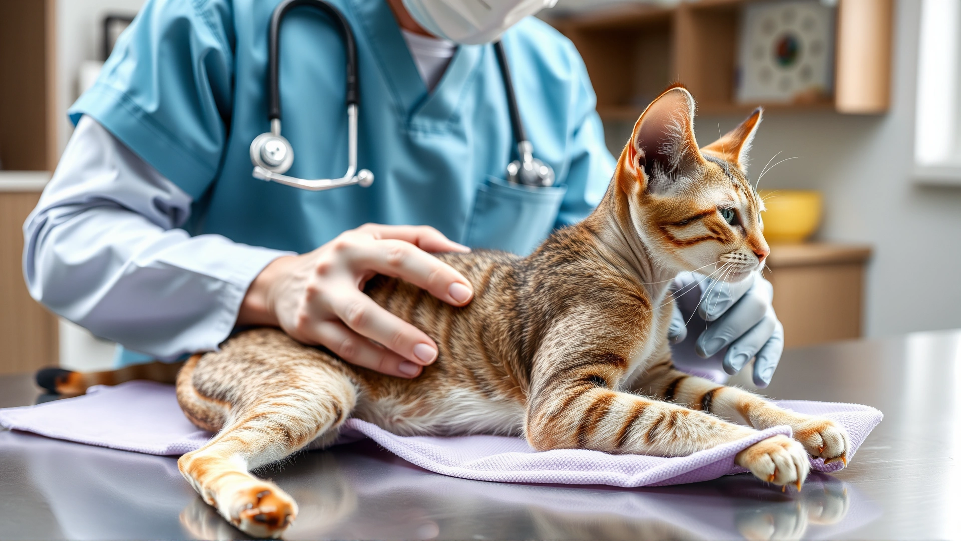 Veterinarian examining the spine of a tailless Manx cat on a clinic table, highlighting health care.