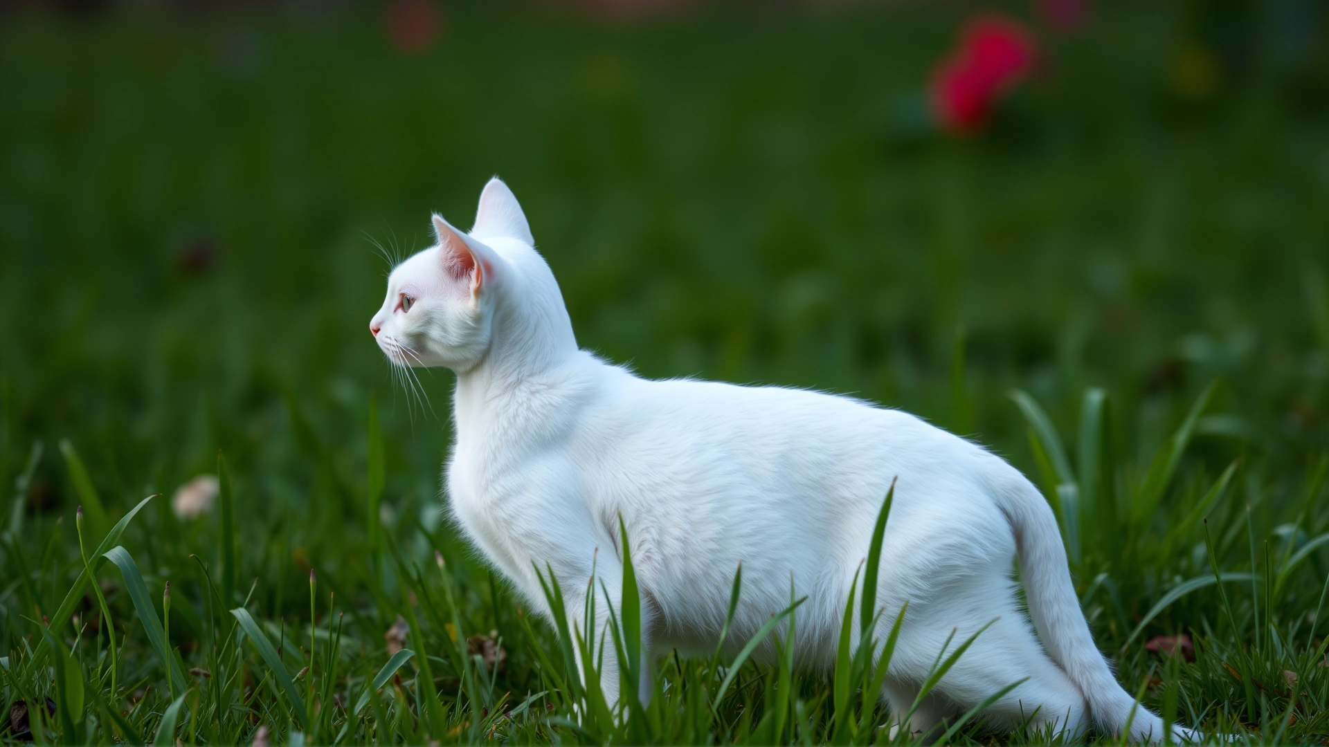 White Manx cat without tail standing in garden grass, side profile, no text