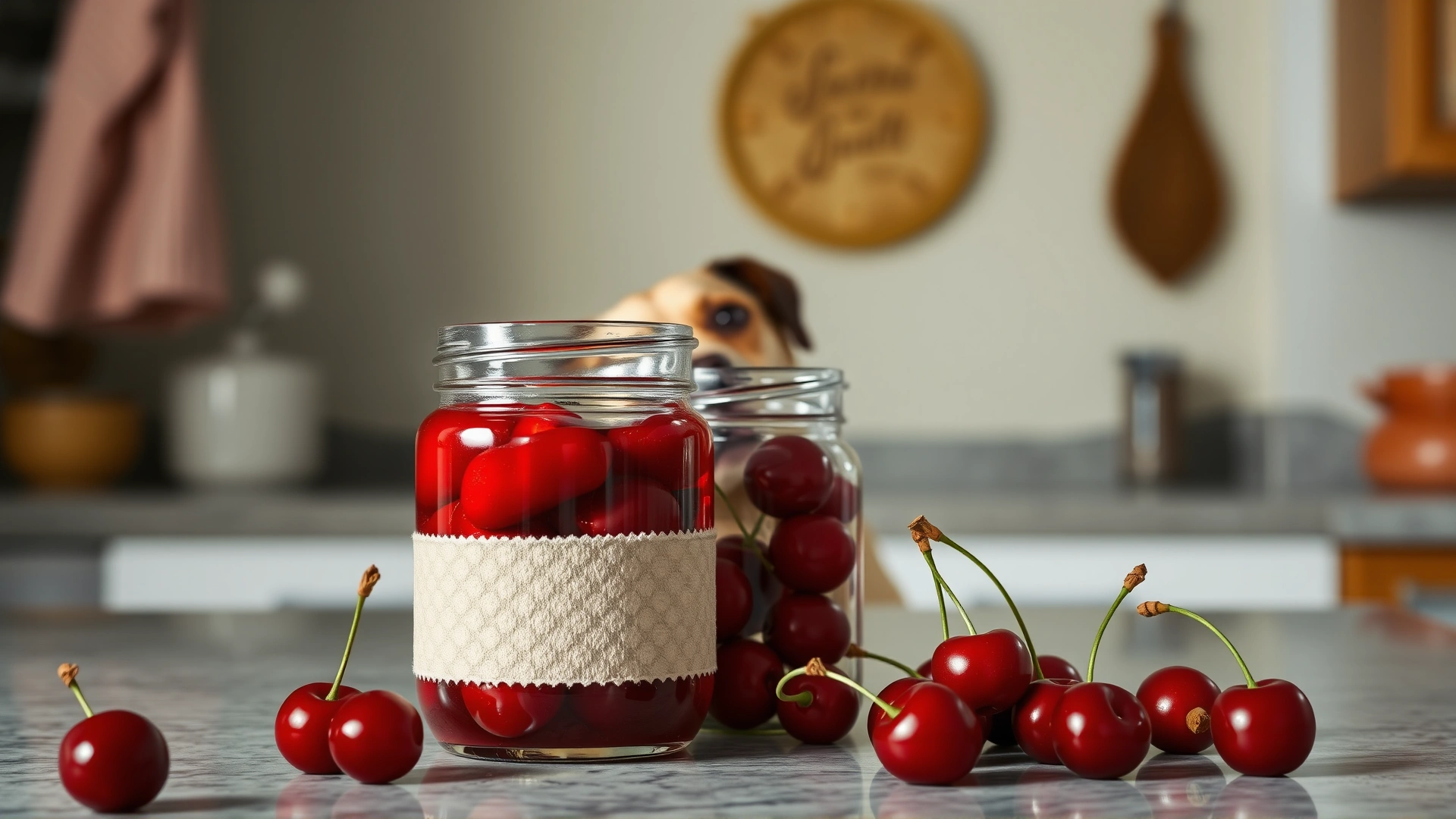 Glass jar of bright red maraschino cherries on a kitchen counter with a curious dog in the background