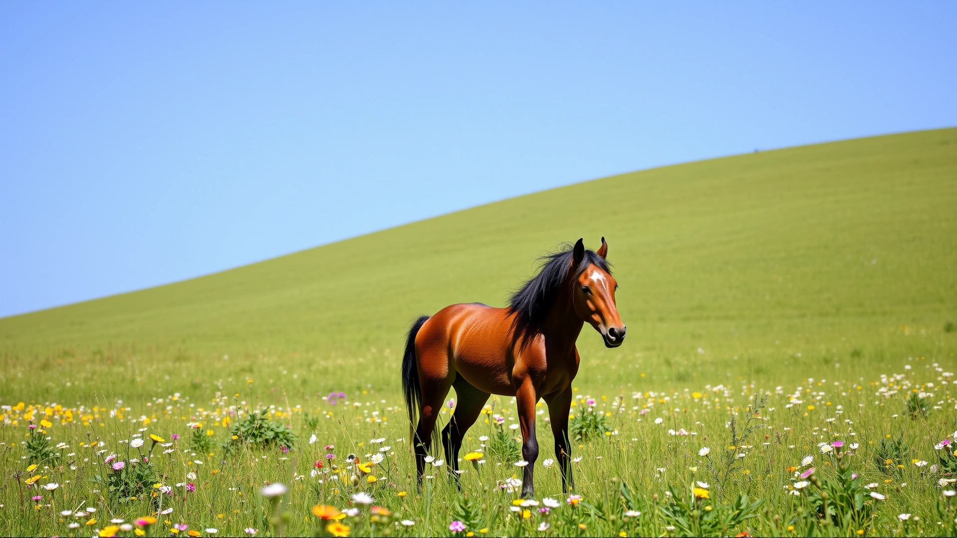 A Kazakh mare nuzzling her foal in a lush green pasture dotted with wildflowers under a clear blue sky