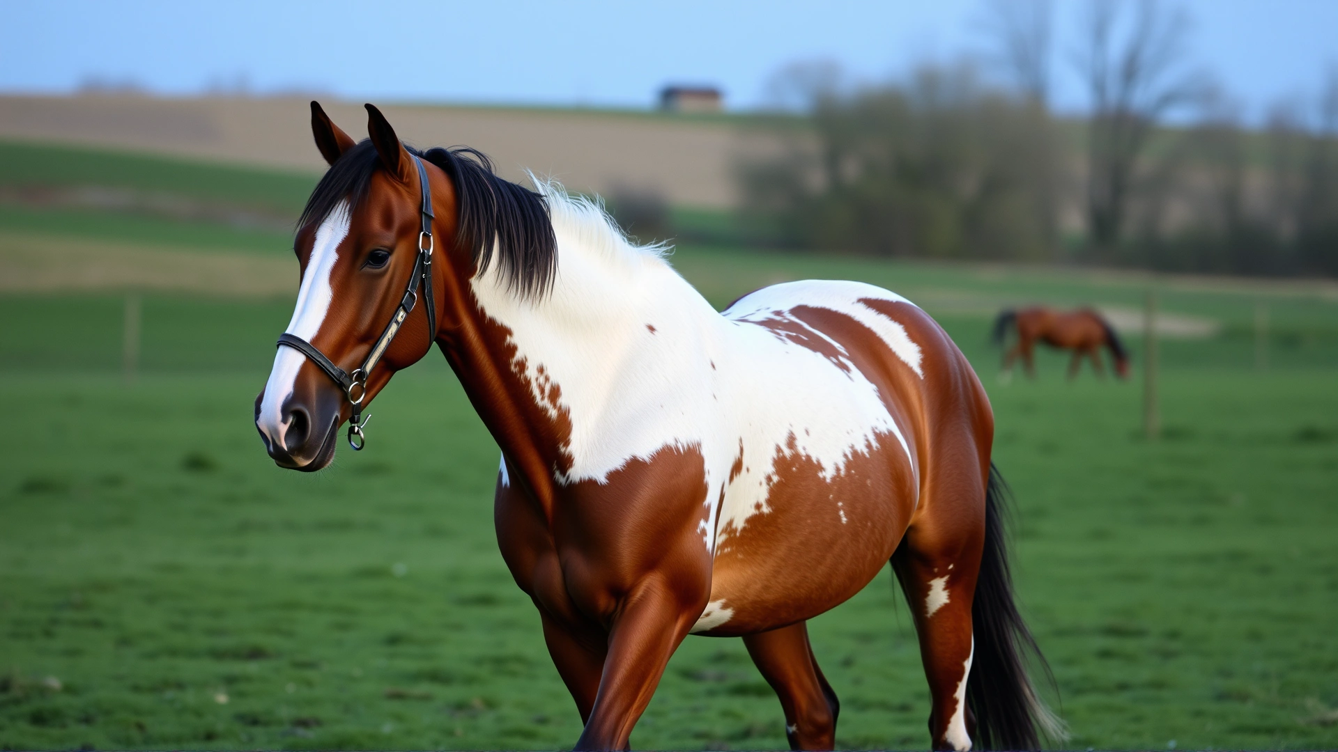 A mare being gently walked in a paddock post-procedure, with soft evening light, illustrating calm post-breeding care