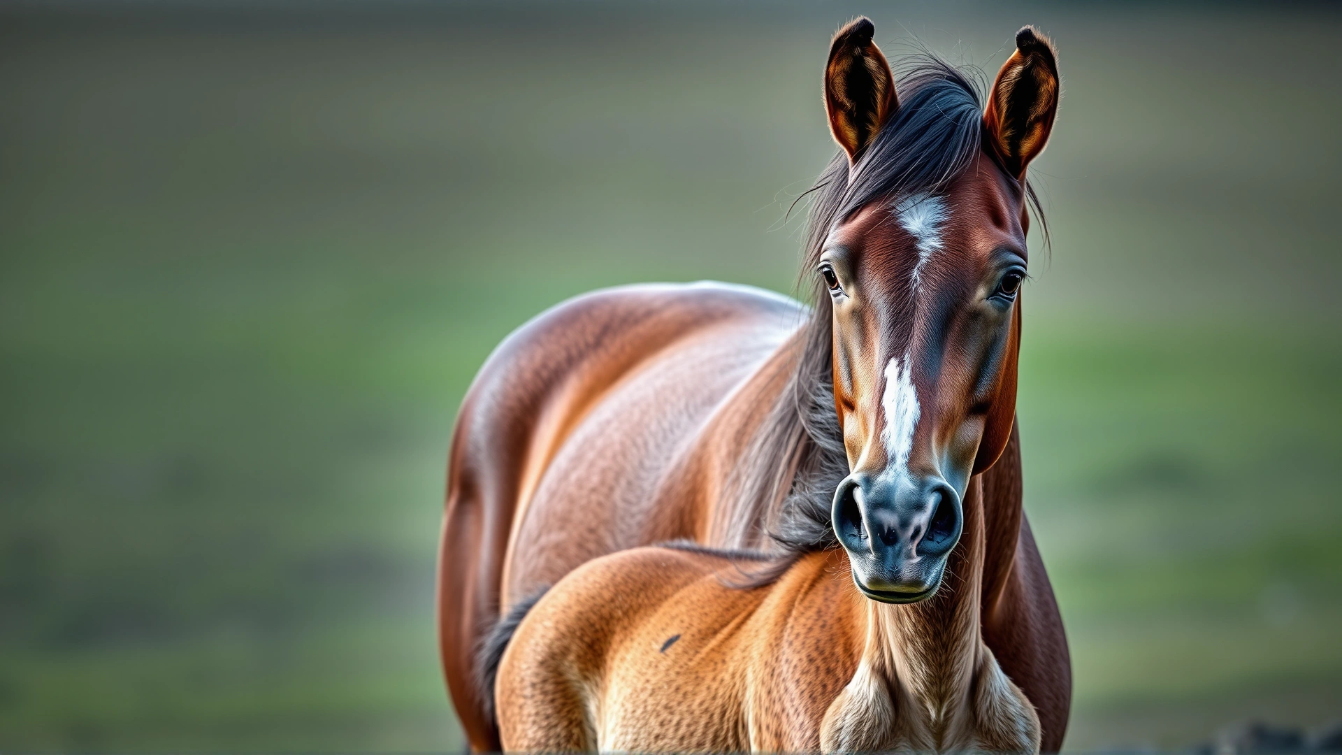 Mare standing protectively in front of her foal, ears alert