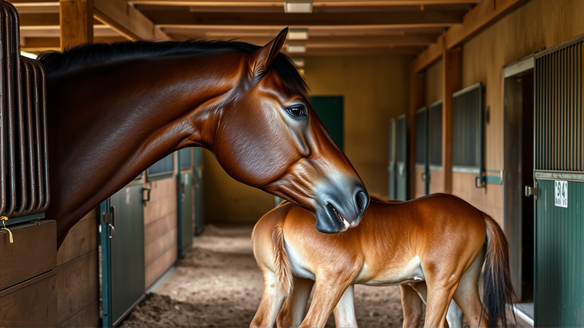 Mare nuzzling her newborn foal inside a clean stable, symbolizing successful breeding after disease control.