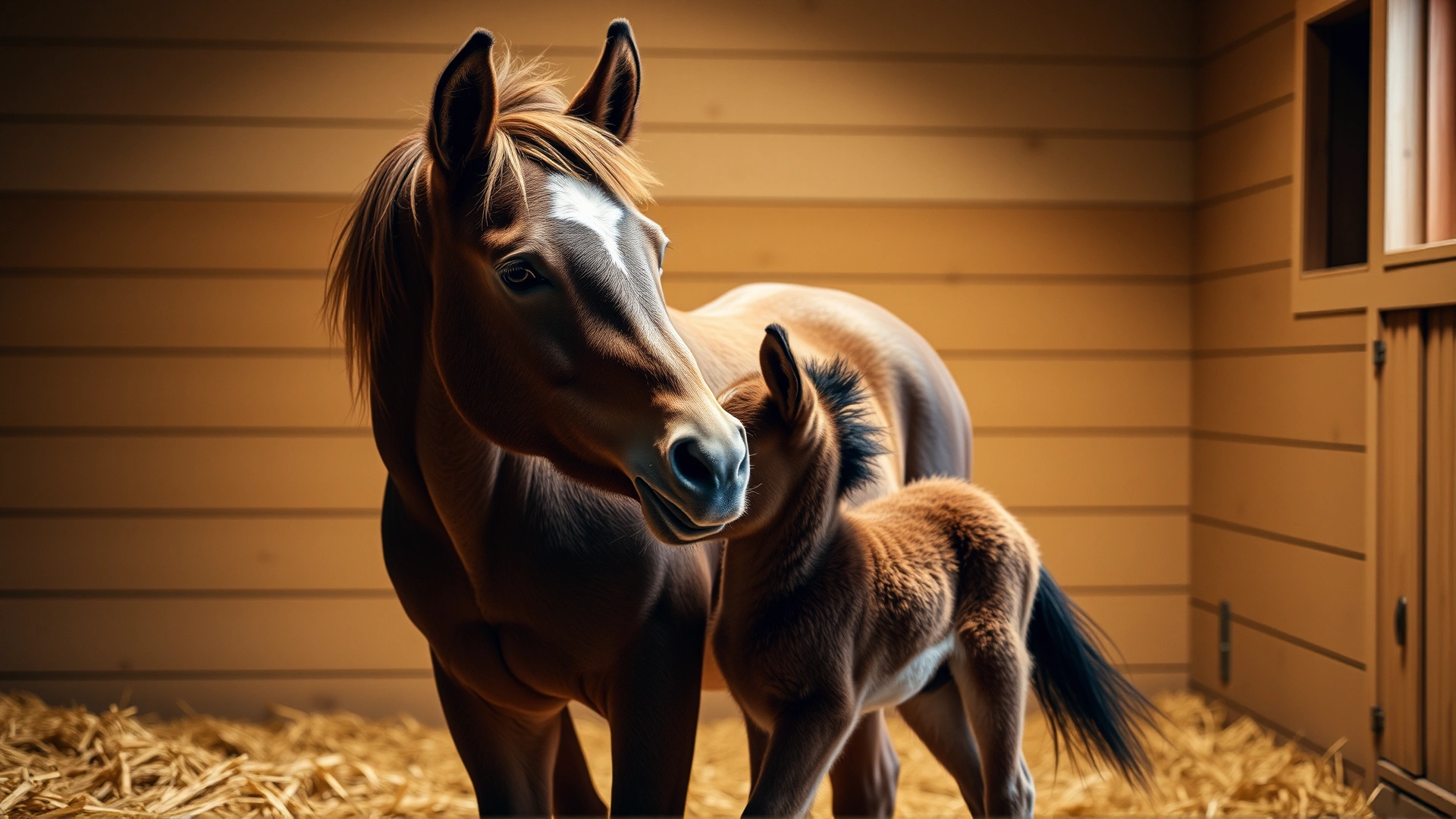 Tender moment of a newly born foal nuzzling its mother in a clean straw-lined stall, warm indoor lighting.