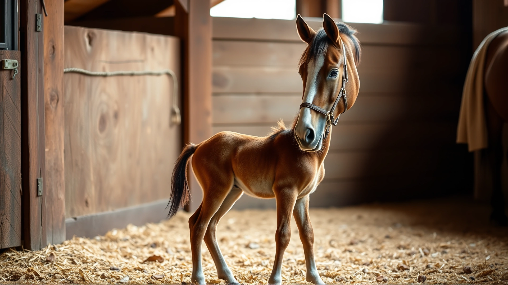 Wide shot of a mare gently licking her foal while it attempts its first steps in a straw-covered stall, warm tones, no text.