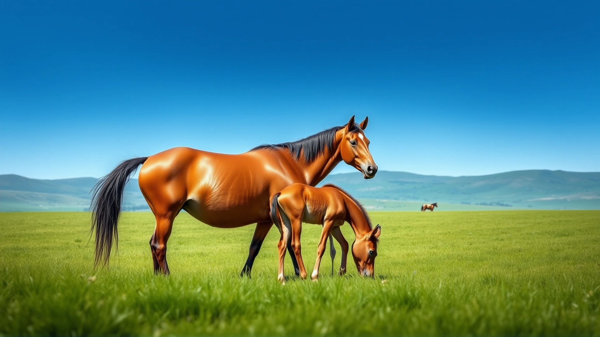 Serene scene of a mare and her foal grazing together in a spacious green field with rolling hills in the background, blue sky, no text