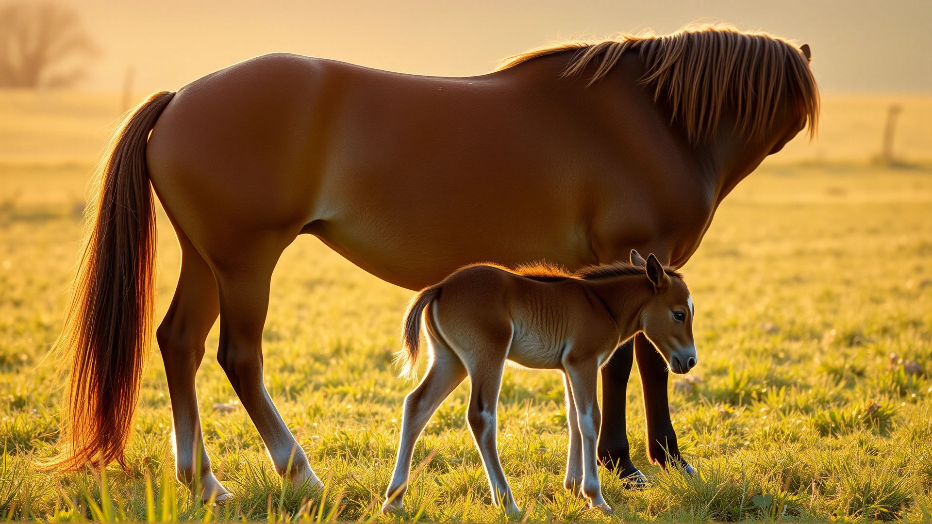 Peaceful pasture scene of a mare nuzzling her newborn foal at sunrise, soft warm light, no text