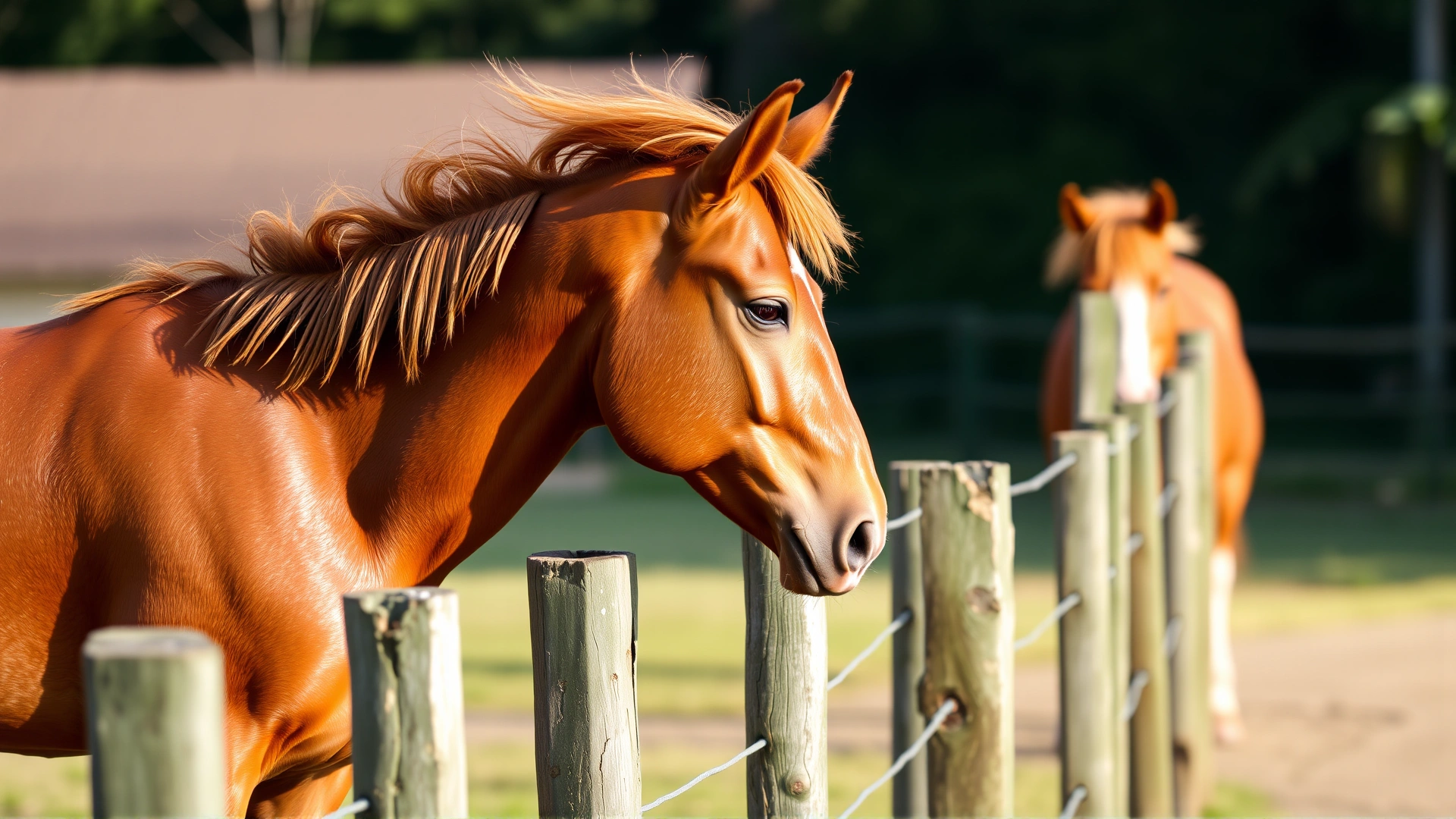 Close-up of a bay mare standing at a fence with her tail raised and ears forward toward a nearby stallion, depicting recognizable signs of heat; soft daylight; no text.