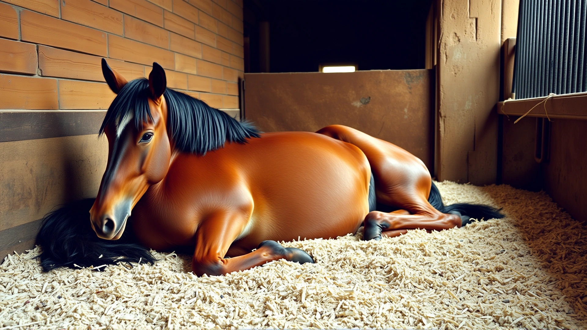 A mare lying on clean bedding in a well-lit foaling stall, exhibiting early labor signs, no text.