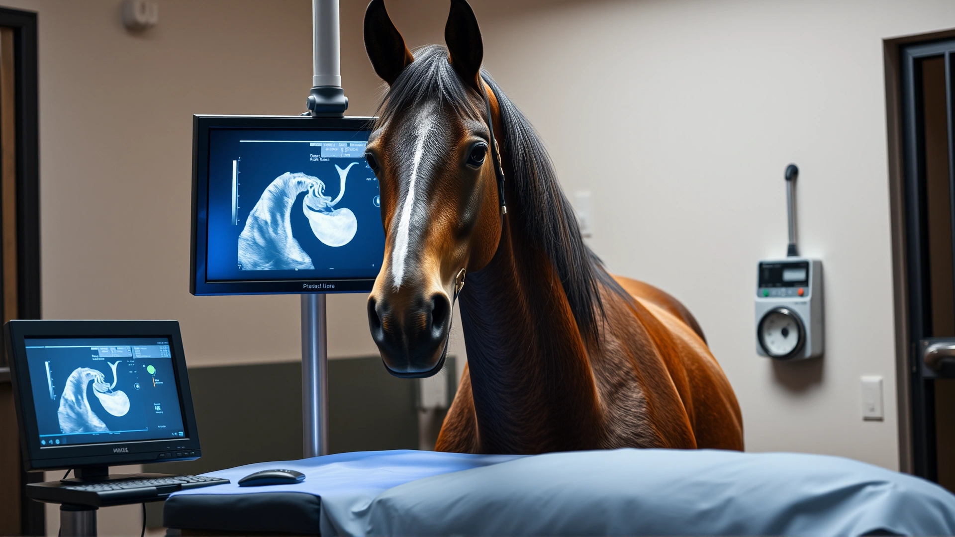 A veterinarian performing a transrectal ultrasound on a calm mare inside a clean stable, monitor screen showing a follicle image