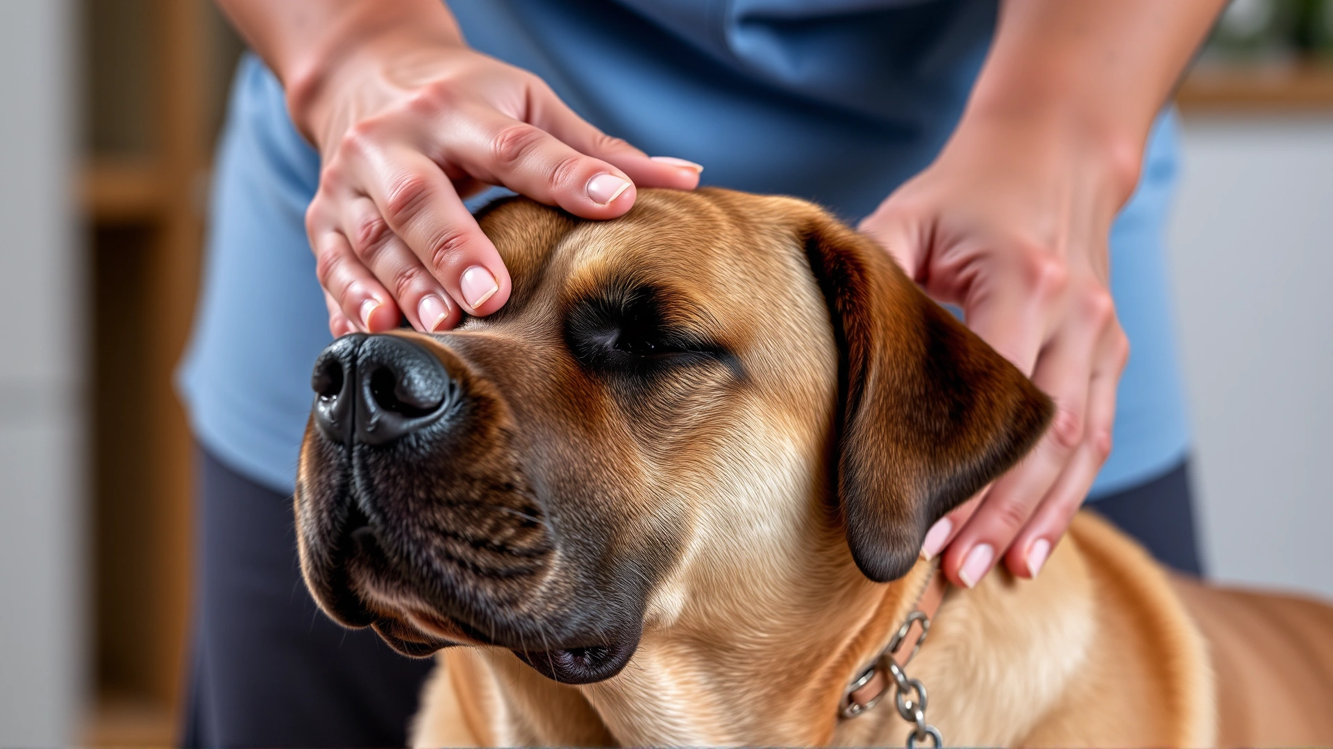 Person softly massaging a relaxed Labrador's shoulders while the dog closes its eyes