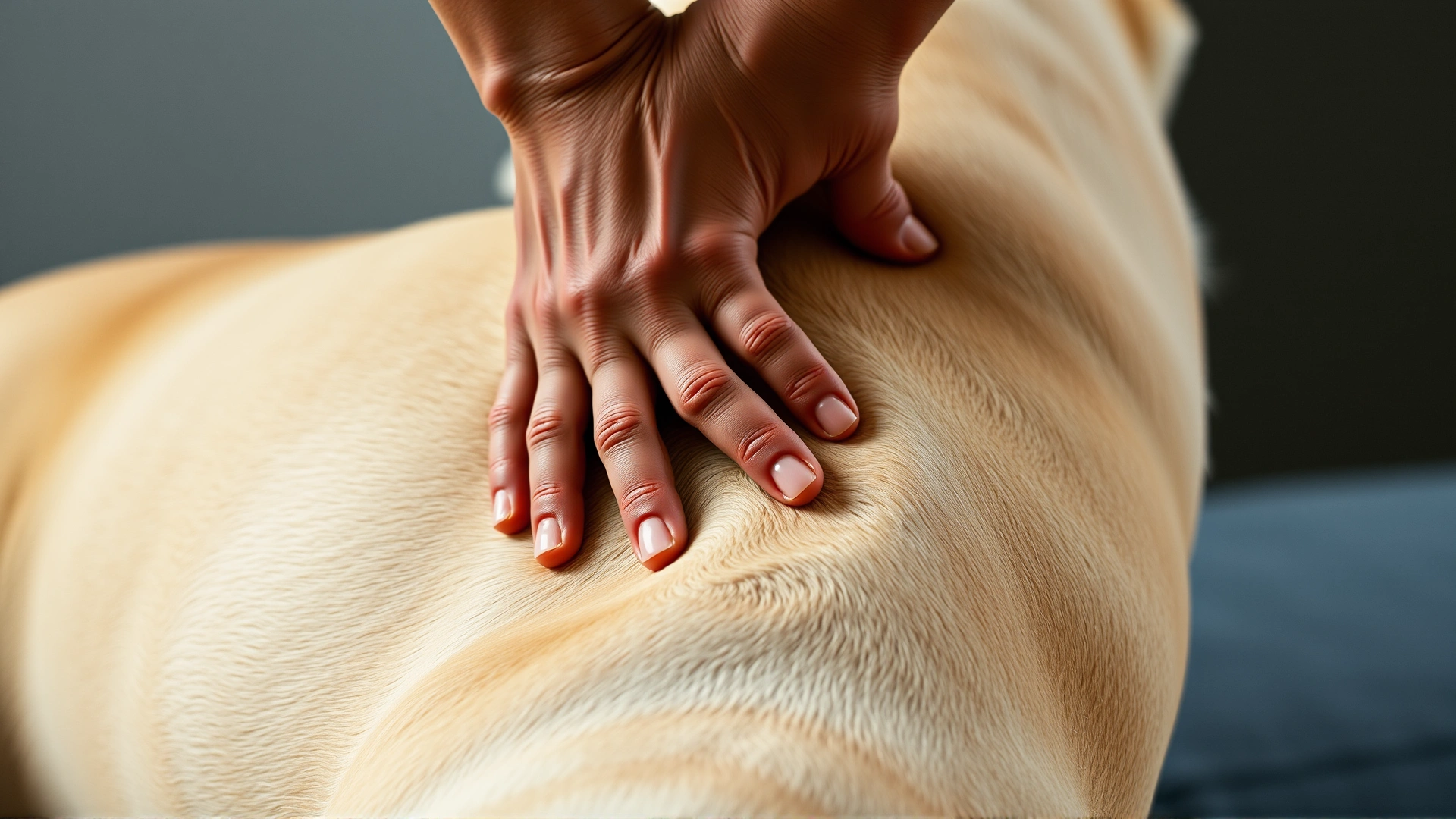 Close-up of hands gently massaging the hip area of a relaxed Labrador