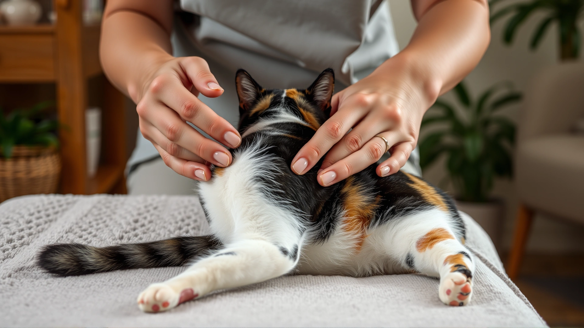 Human hands performing gentle lymphatic massage on a calico cat’s back leg, cozy home environment