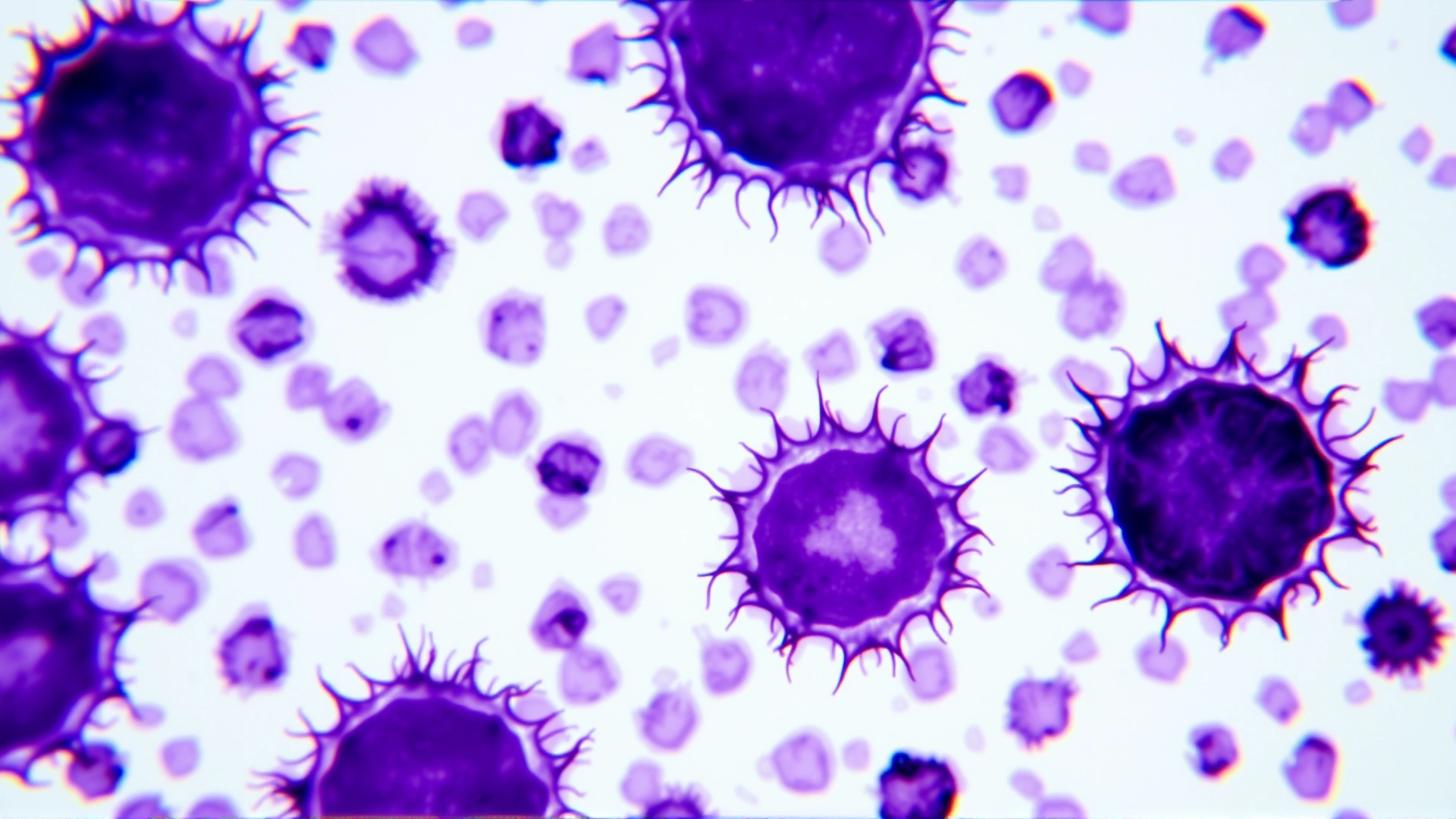 Microscopic view of purple-stained mast cells on a histology slide, high magnification, vivid colors, no text.