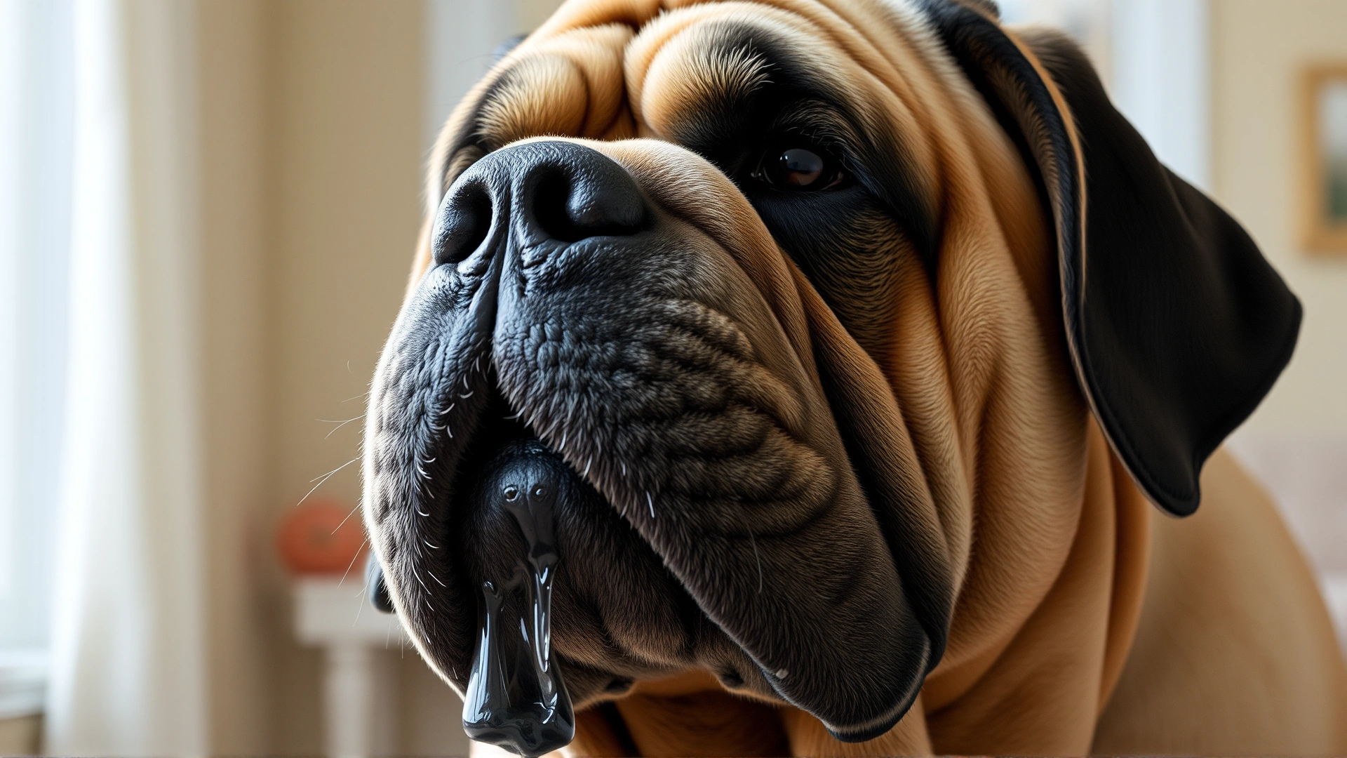 Close-up of an English Mastiff indoors with drool hanging from its jowls, highlighting the breed's characteristic slobber.