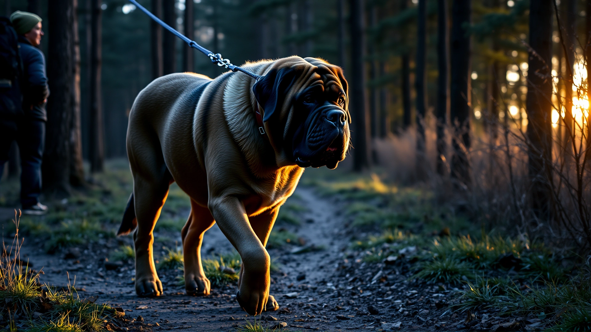 Adult English Mastiff walking on a forest trail with its owner during early morning light.
