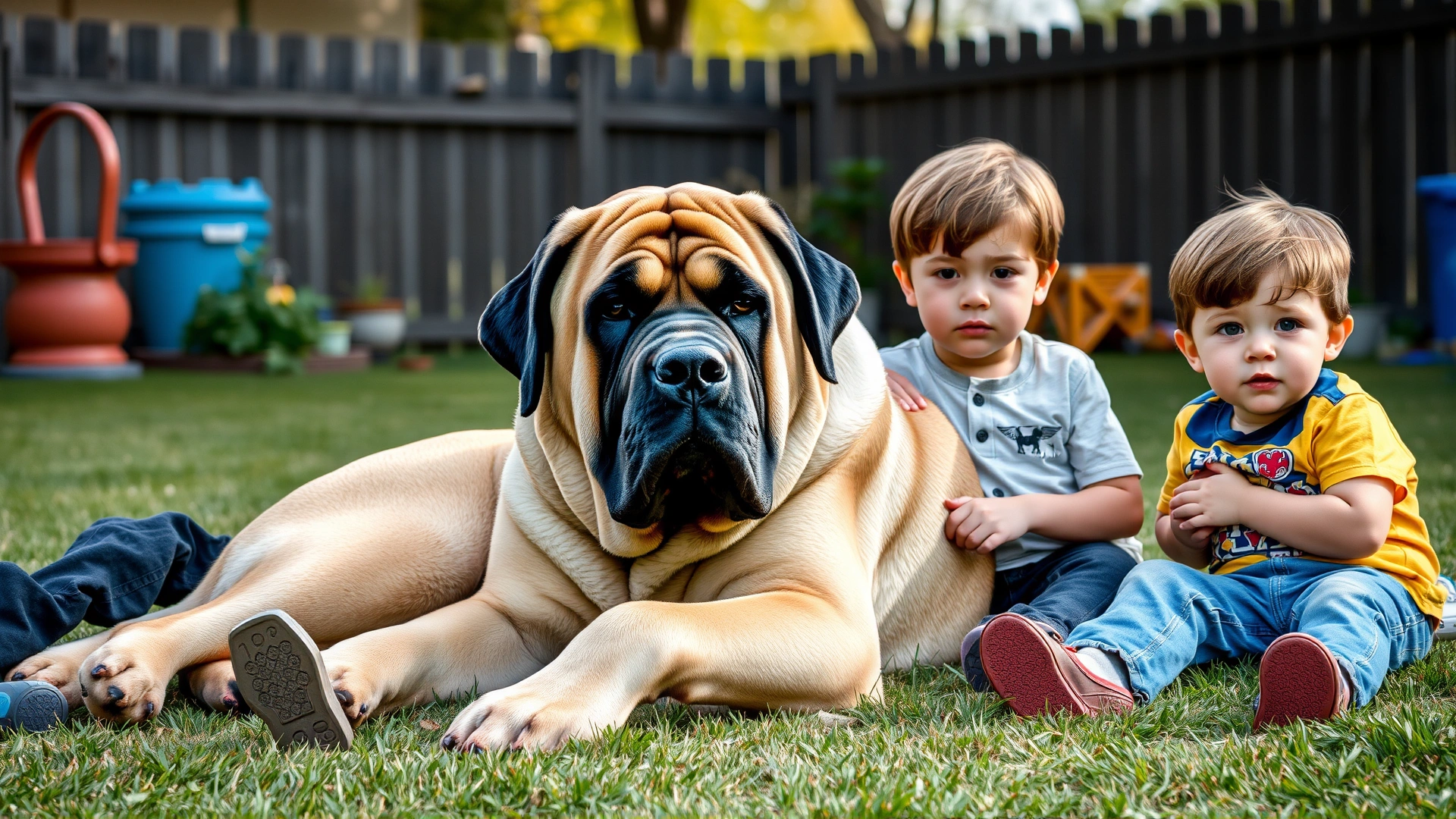 An English Mastiff lying calmly next to two young children in a backyard setting, conveying its gentle and protective nature.