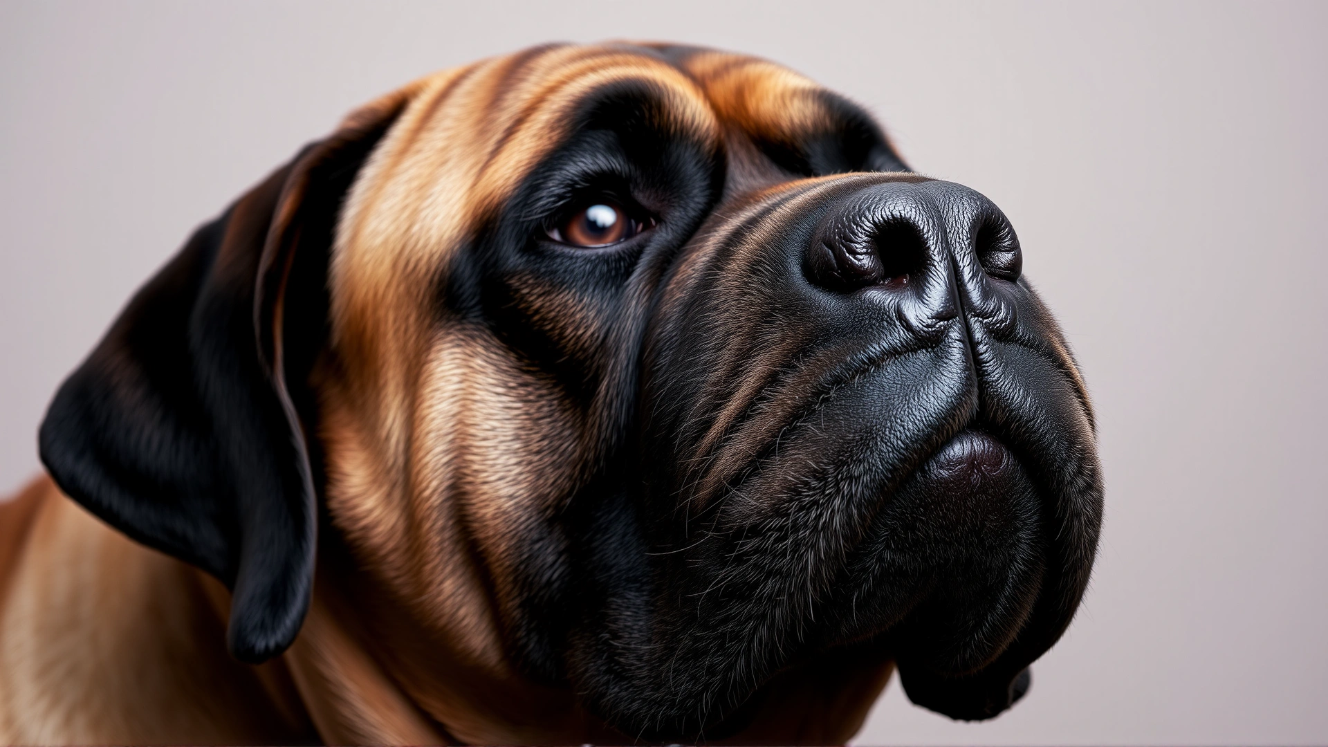 Close-up portrait of an English Mastiff's head with a clear black mask, neutral blurred background emphasizing the dog's gentle eyes.