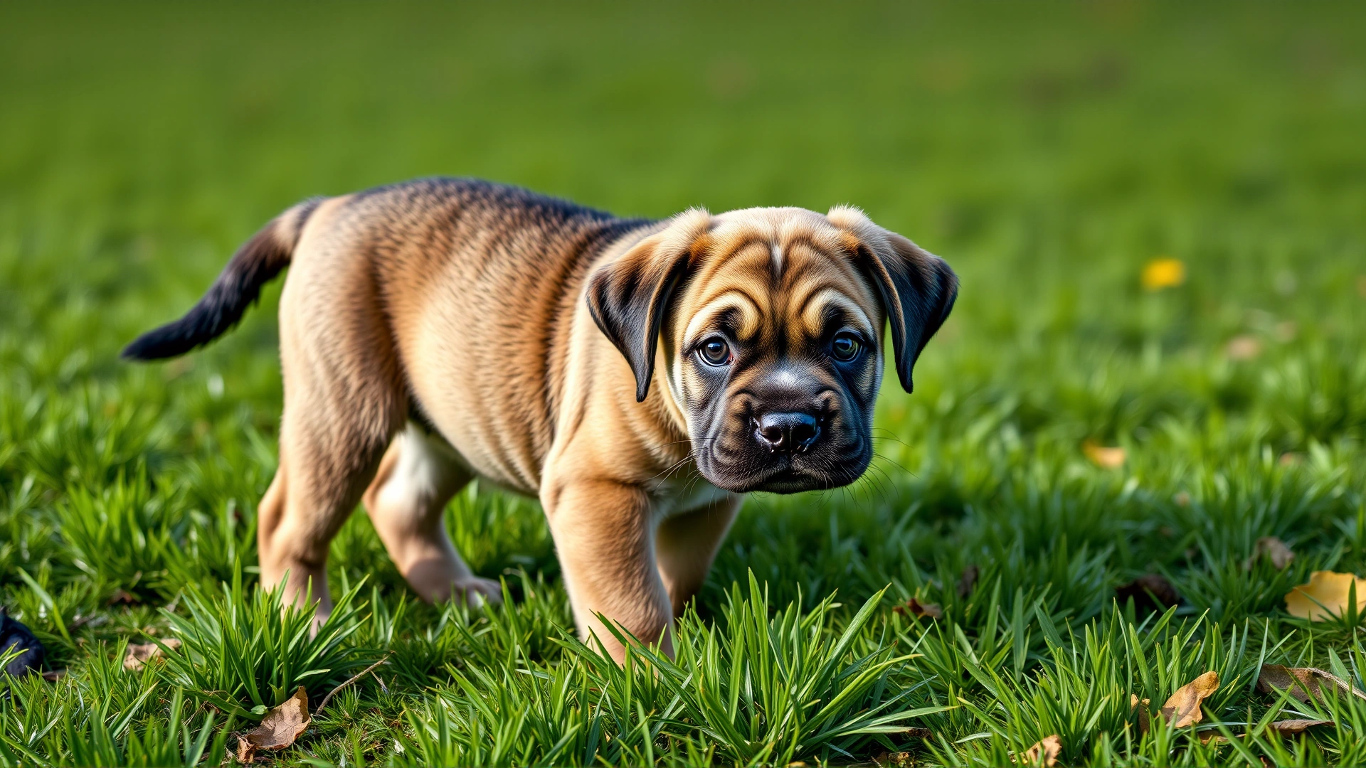 Playful English Mastiff puppy standing on fresh green grass, looking curiously at the camera.