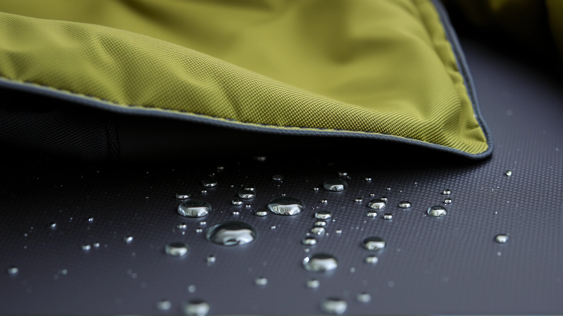 Macro shot of waterproof fabric and anti-slip rubber underside of a dog travel bed, water droplets beading on surface