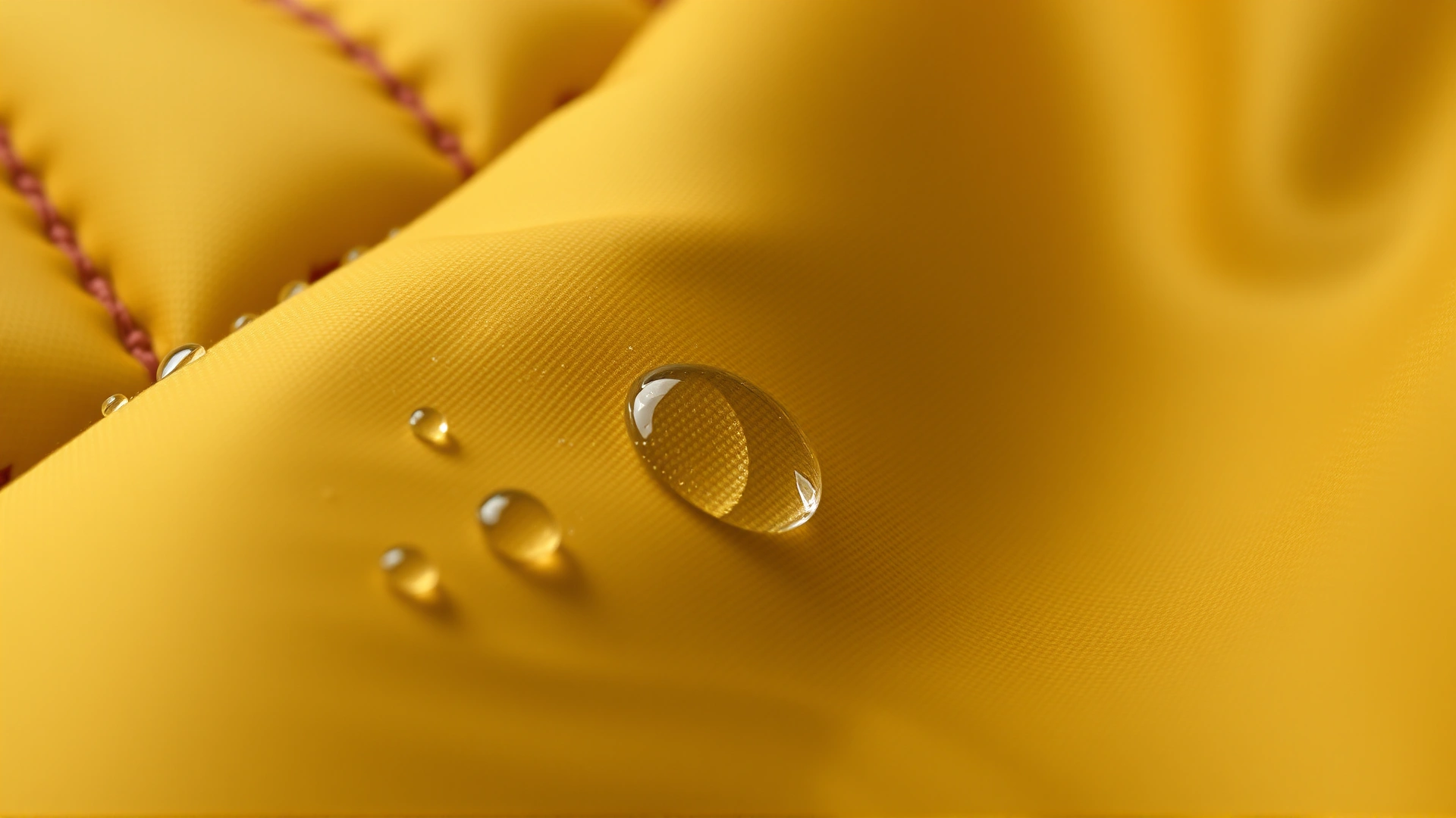Close-up macro shot of waterproof fabric with diamond stitching and water droplets beading on the surface