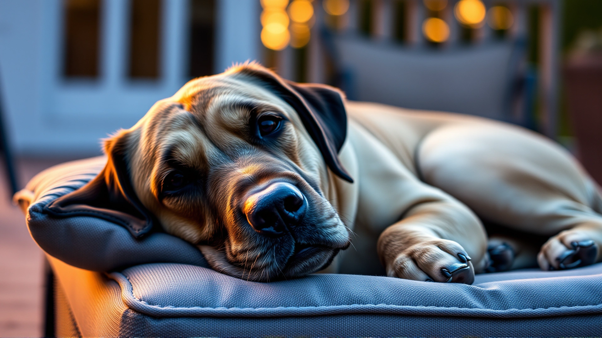 A calm mature Labrador retriever relaxing on a patio cushion with gentle sunset light, slight gray on muzzle, warm and cozy atmosphere.