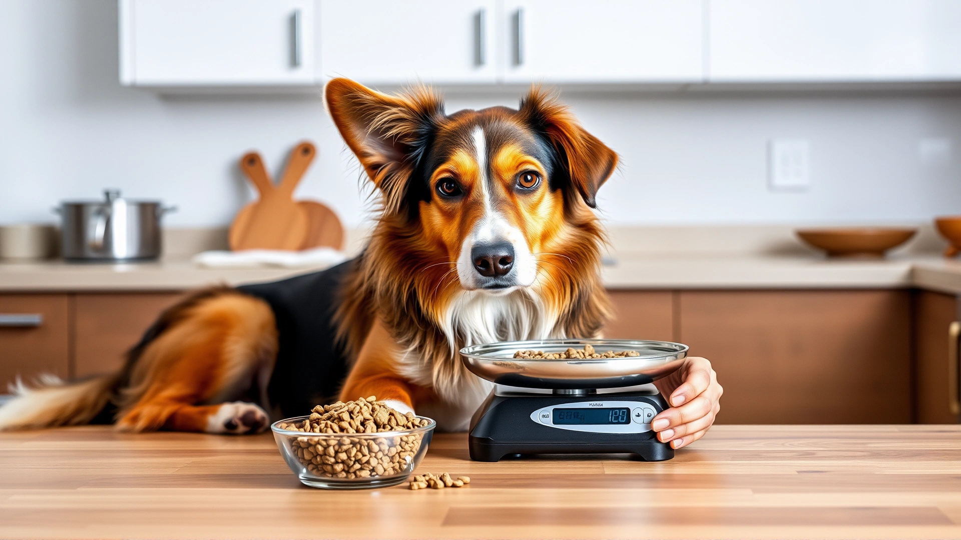 Dog owner using a kitchen scale to measure dry dog food portions in a modern kitchen, emphasizing accurate feeding.