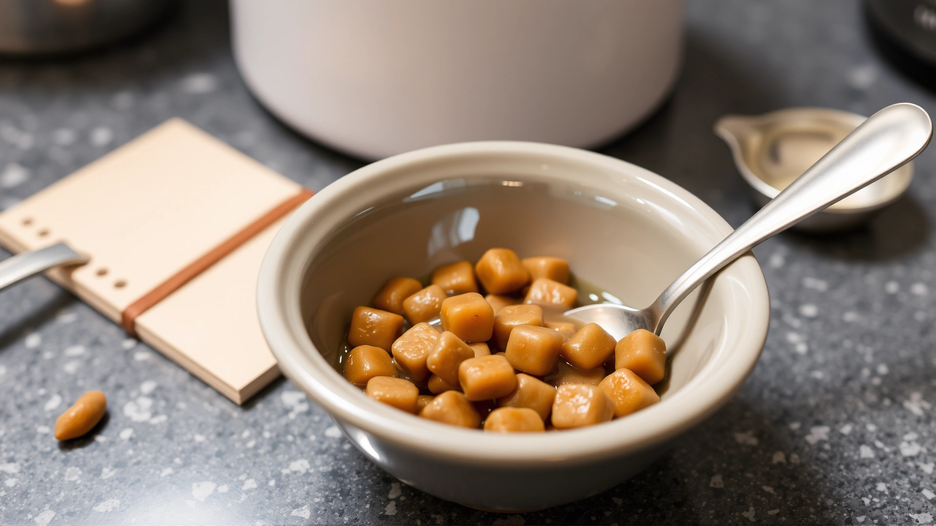 Close-up of a small bowl containing soft, easily digestible wet cat food beside a measuring spoon and a notepad, on a kitchen counter.