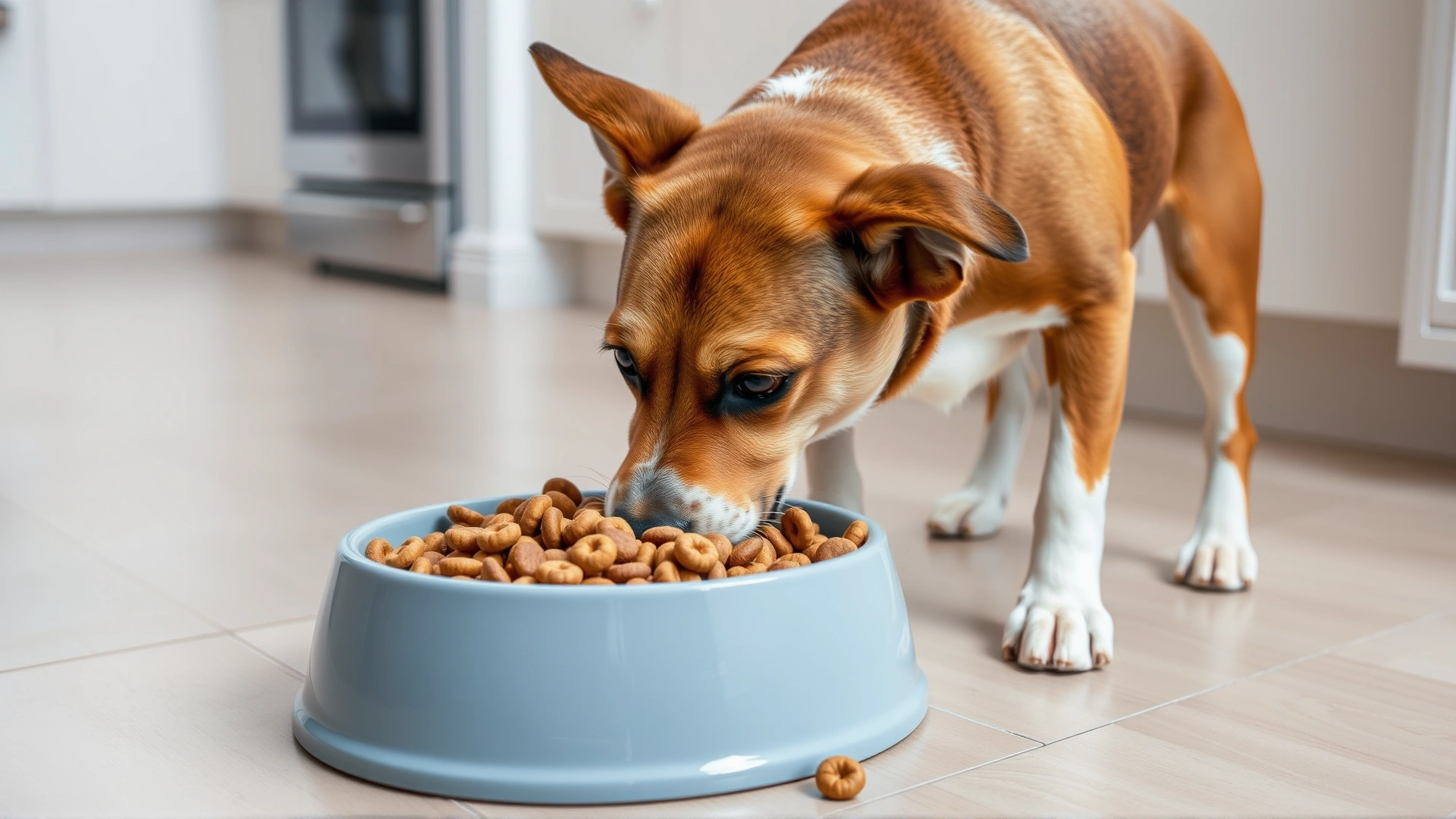 Dog eating a bowl of veterinarian-prescribed high-fiber kibble on a kitchen floor, emphasizing proper diet.