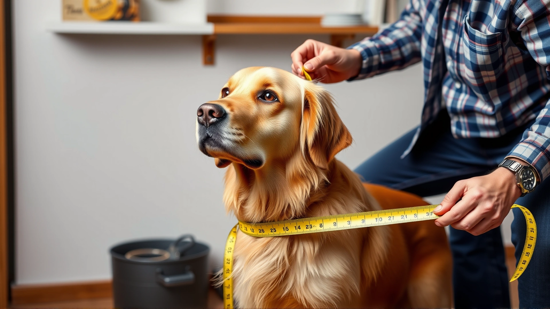 Owner using a measuring tape to measure a Golden Retriever from nose to tail while the dog stands calmly