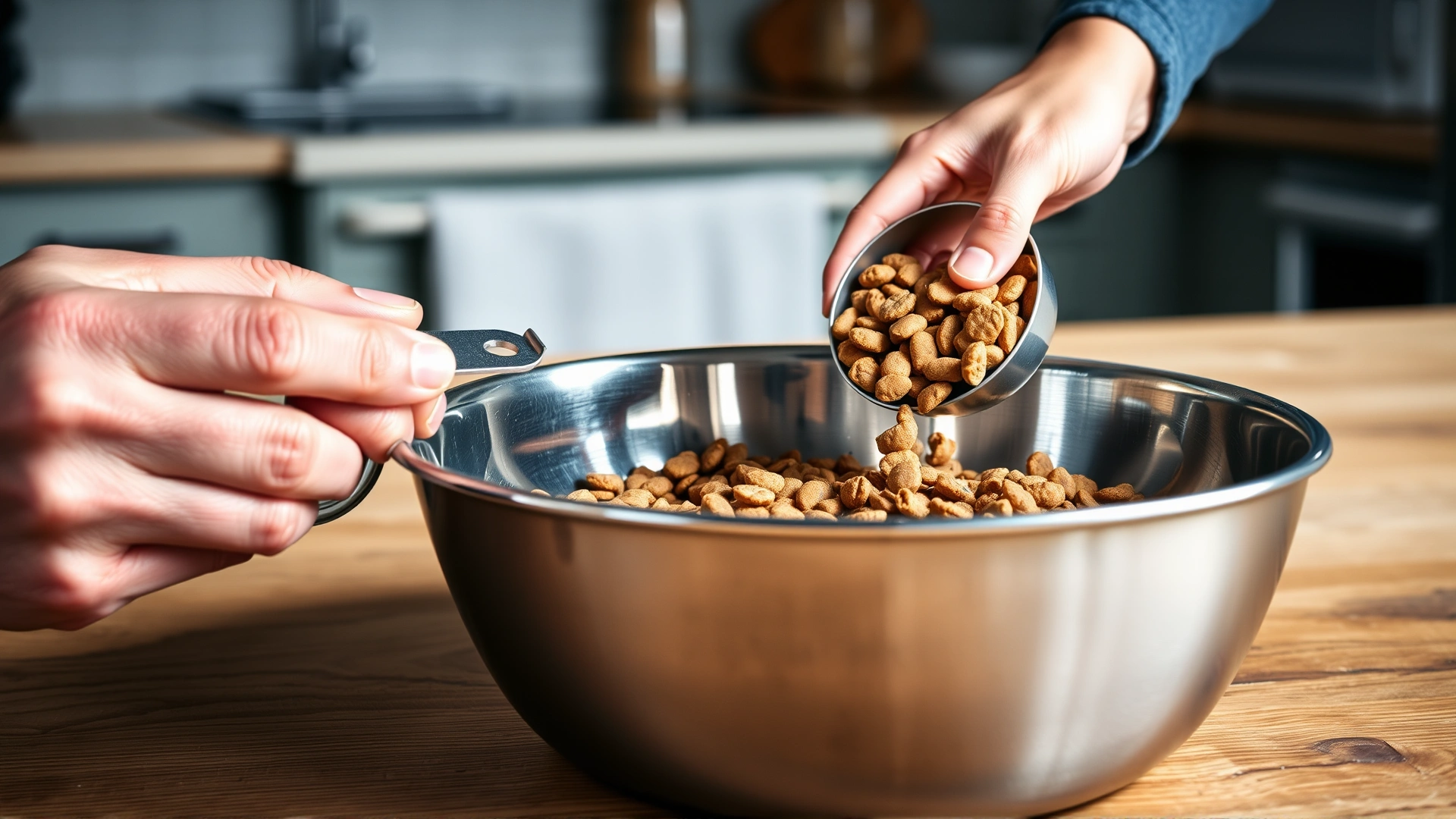 Close-up of a hand using a measuring cup to portion dry dog food into a stainless steel bowl on a farmhouse kitchen counter