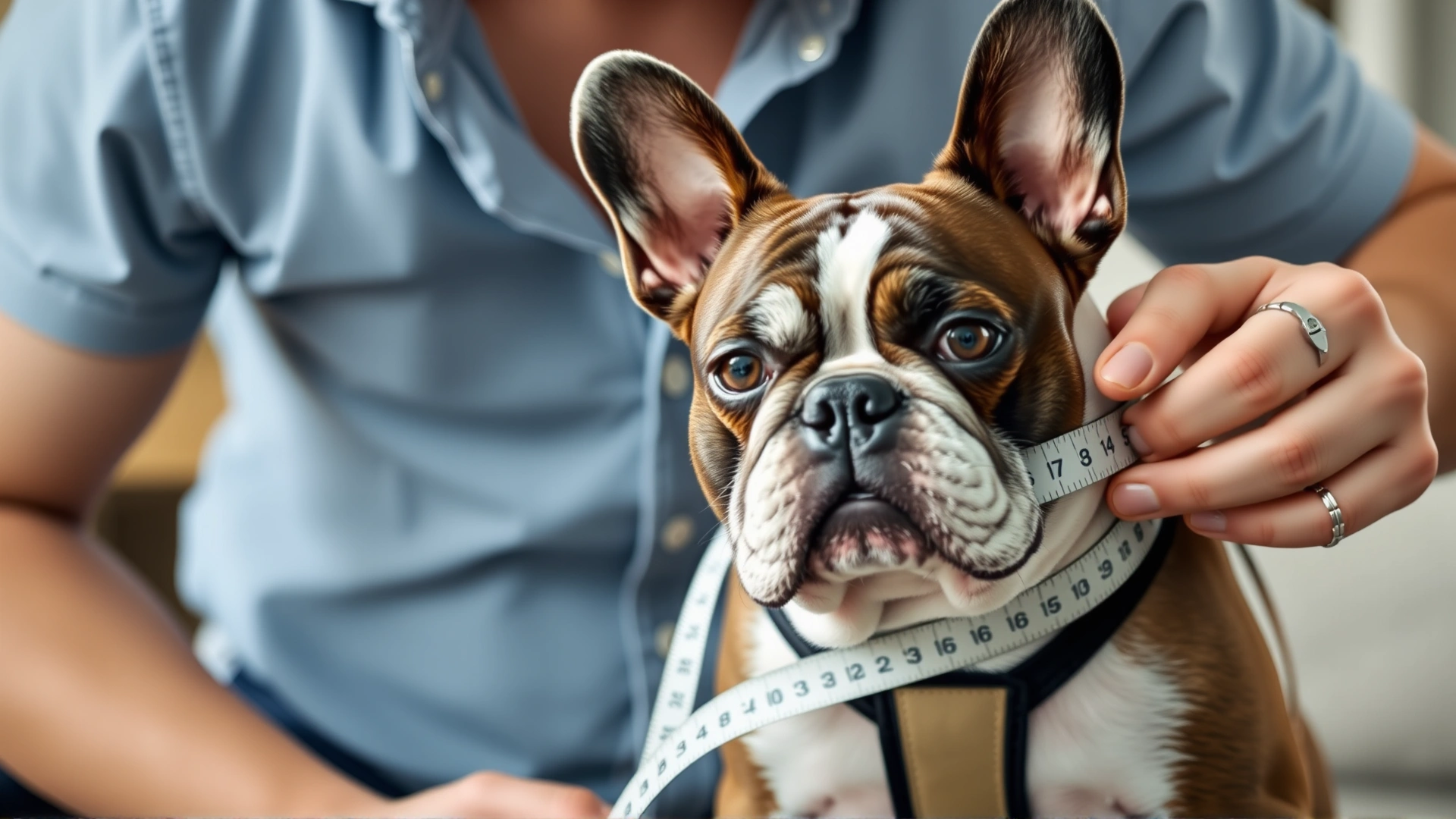 Owner using a soft measuring tape around a French Bulldog’s chest to find correct harness size, indoor setting.