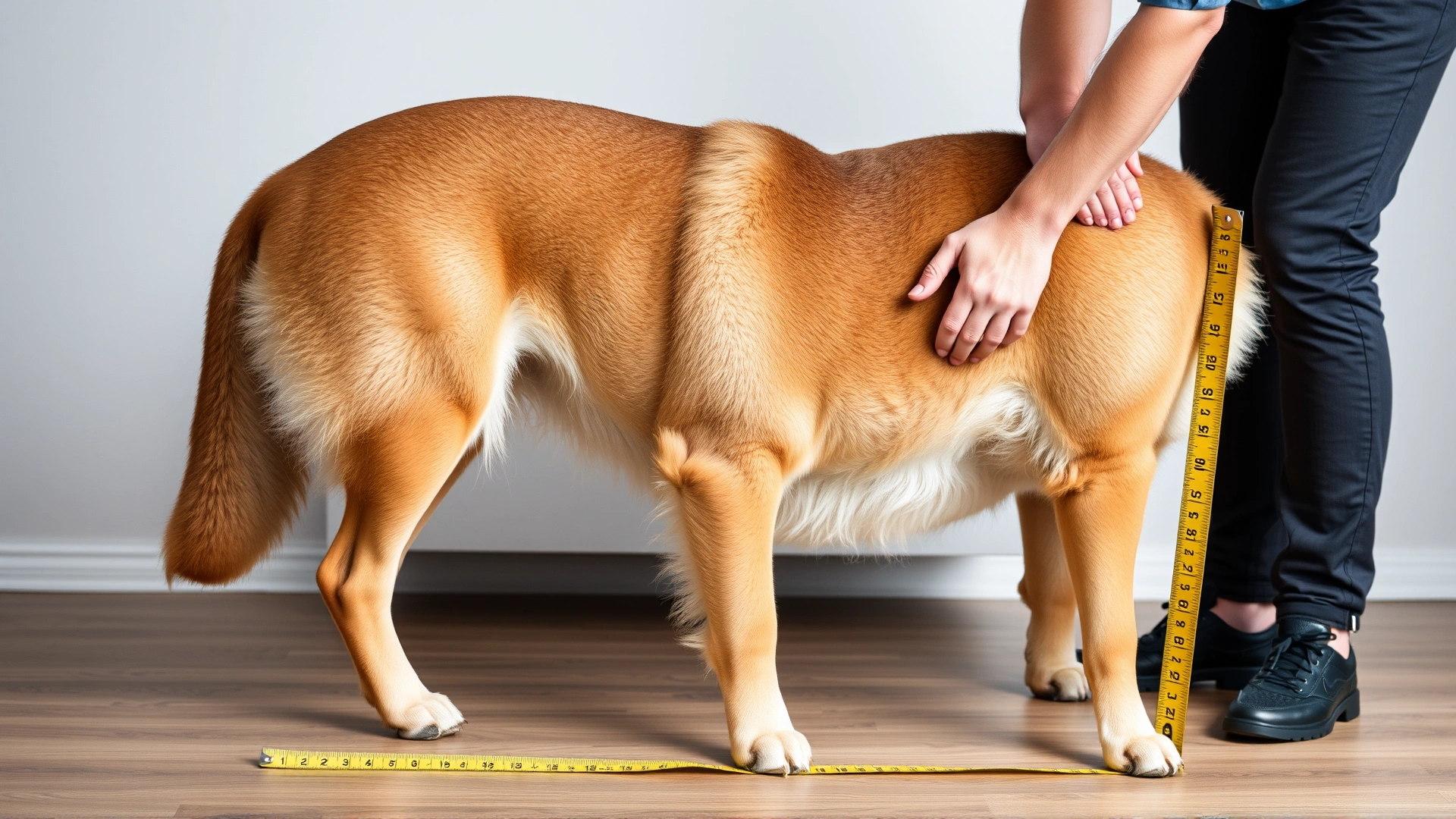 Owner measuring the length of a large dog with a tape measure on the floor to determine bed size