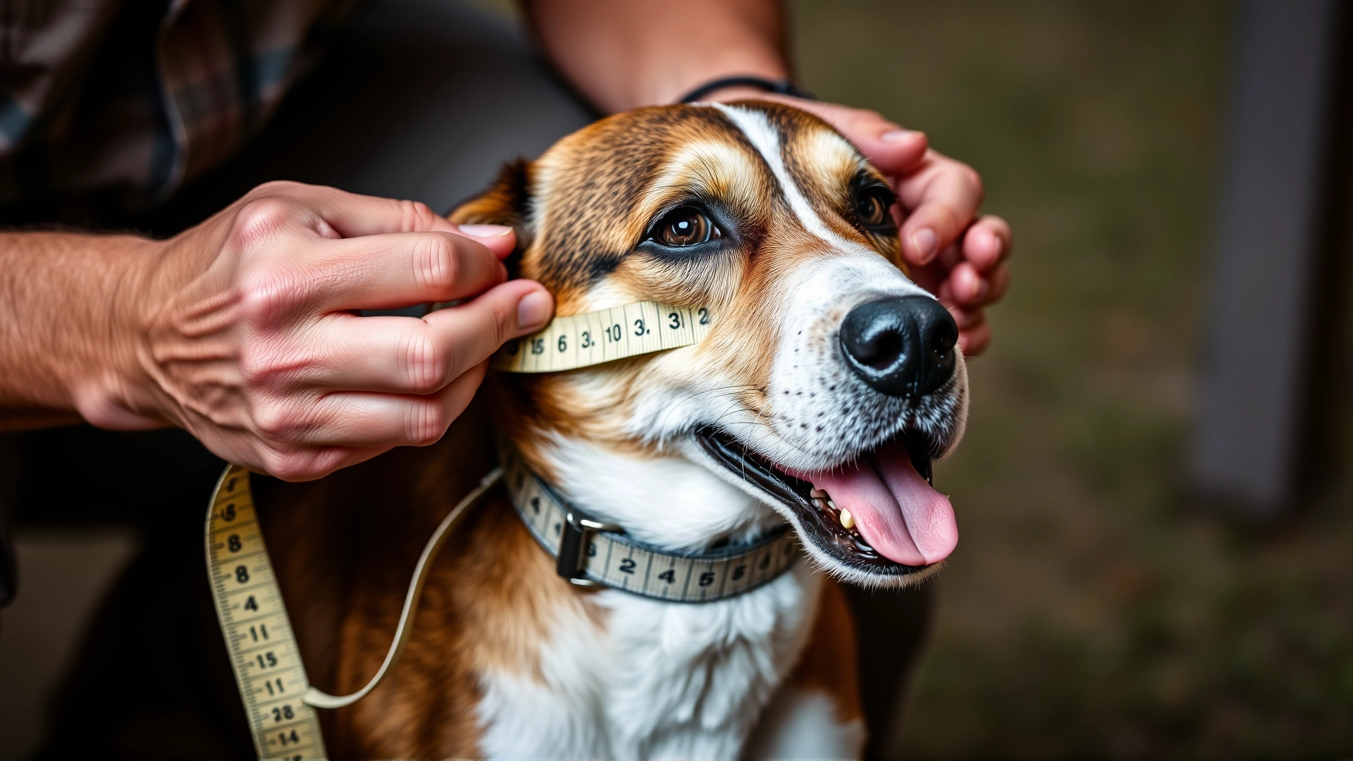 Owner using a soft measuring tape around a dog's neck to determine the correct size for a recovery collar; close-up shot focused on hands and tape