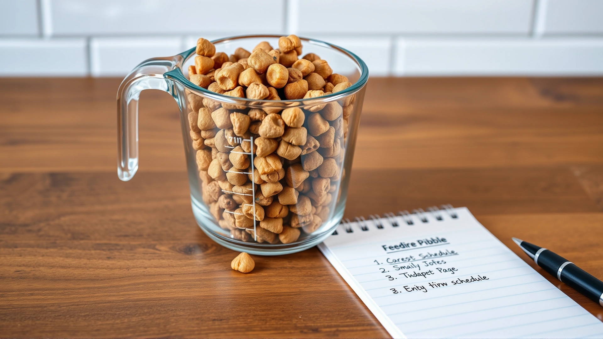 Transparent measuring cup filled with kibble placed next to a notepad with feeding schedule on a wooden counter