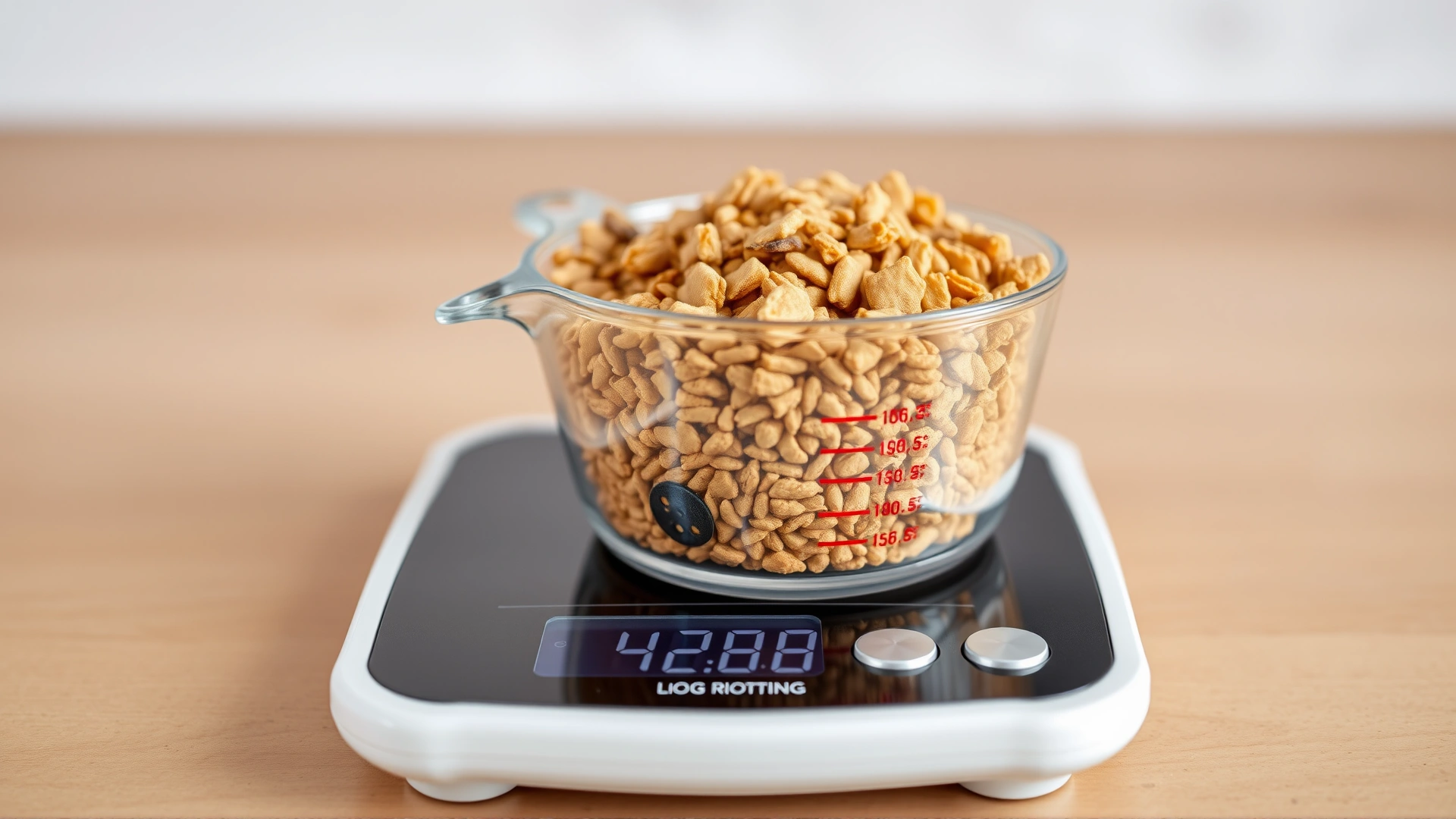 Close-up of a digital kitchen scale weighing dry dog food next to a measuring cup, emphasizing accuracy