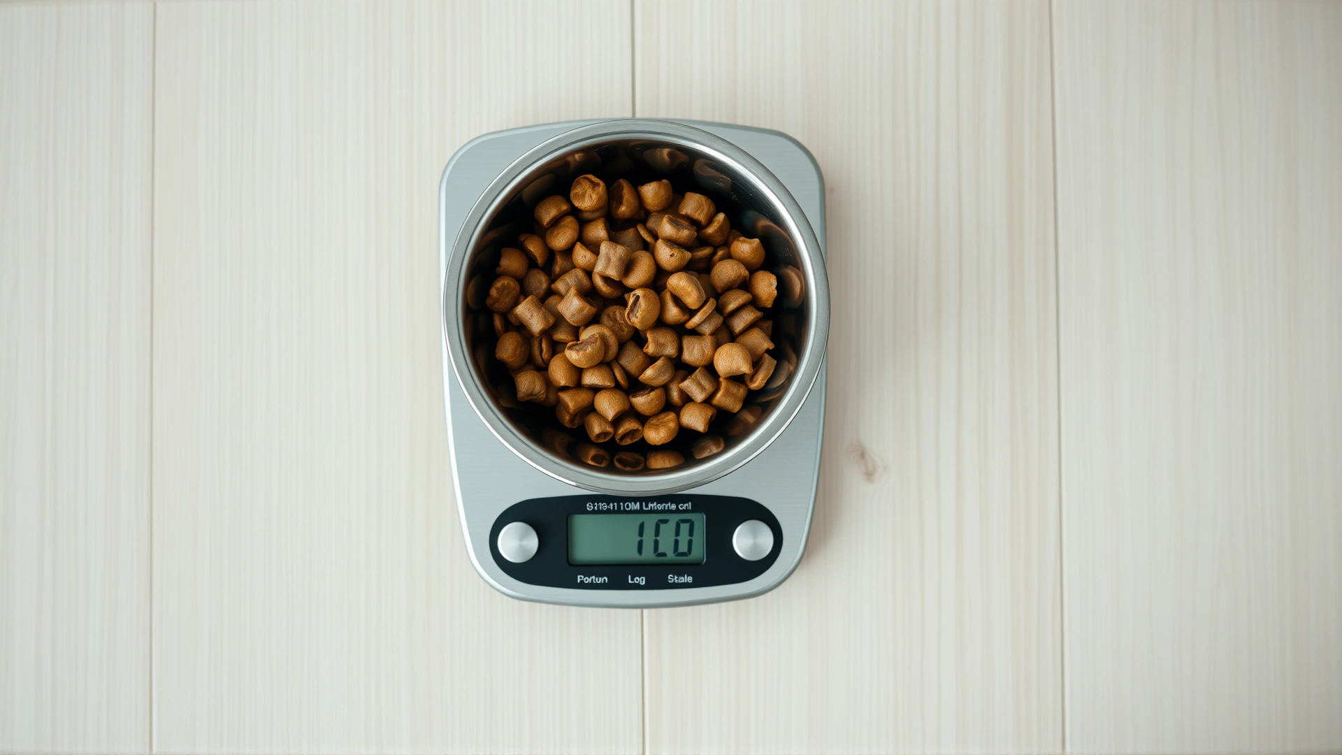 Top-down view of a digital kitchen scale with a stainless steel dog bowl filled with kibble, emphasizing accurate portion control