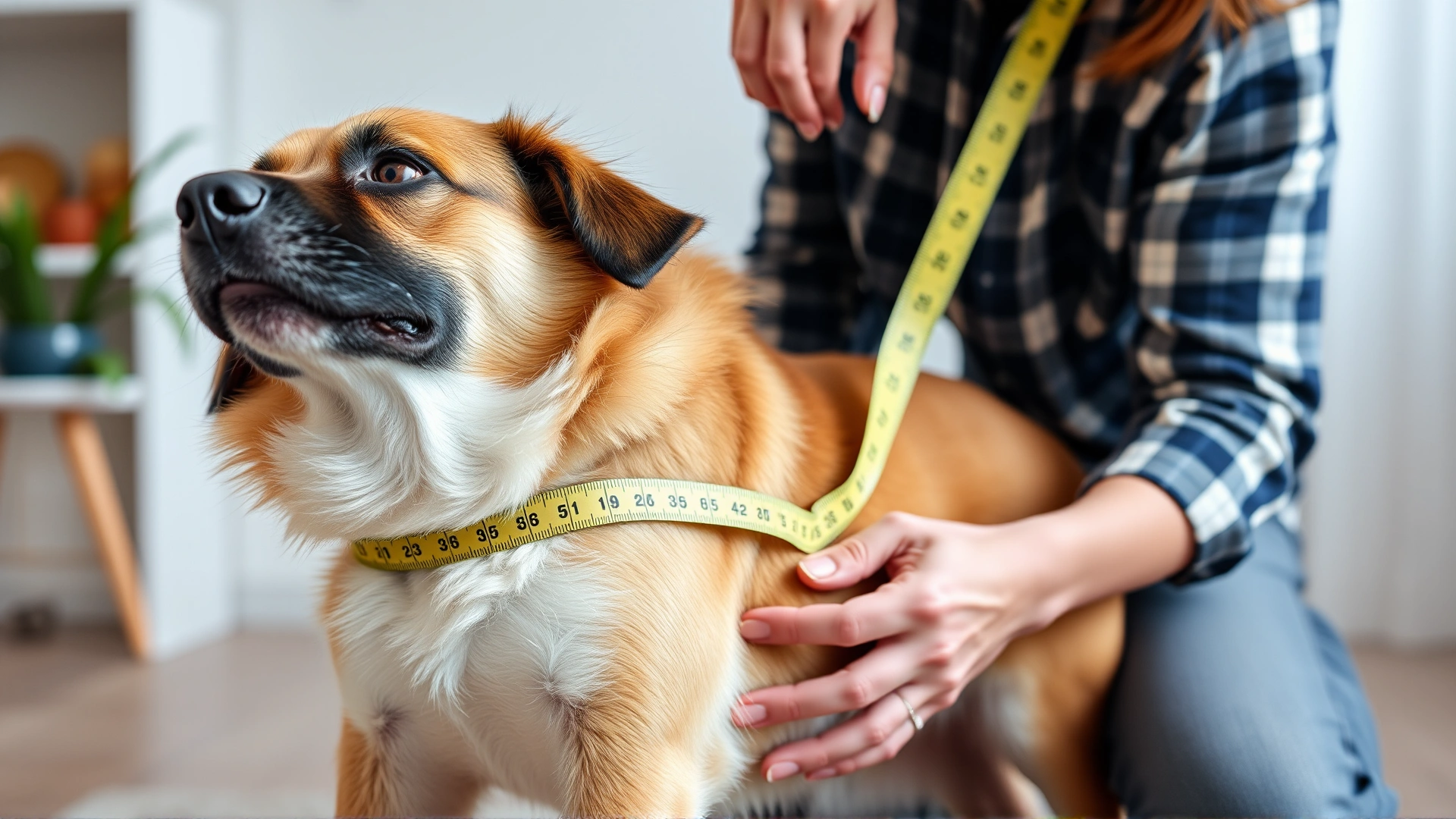 Owner using a soft measuring tape to measure the chest girth of a relaxed dog indoors on a light background