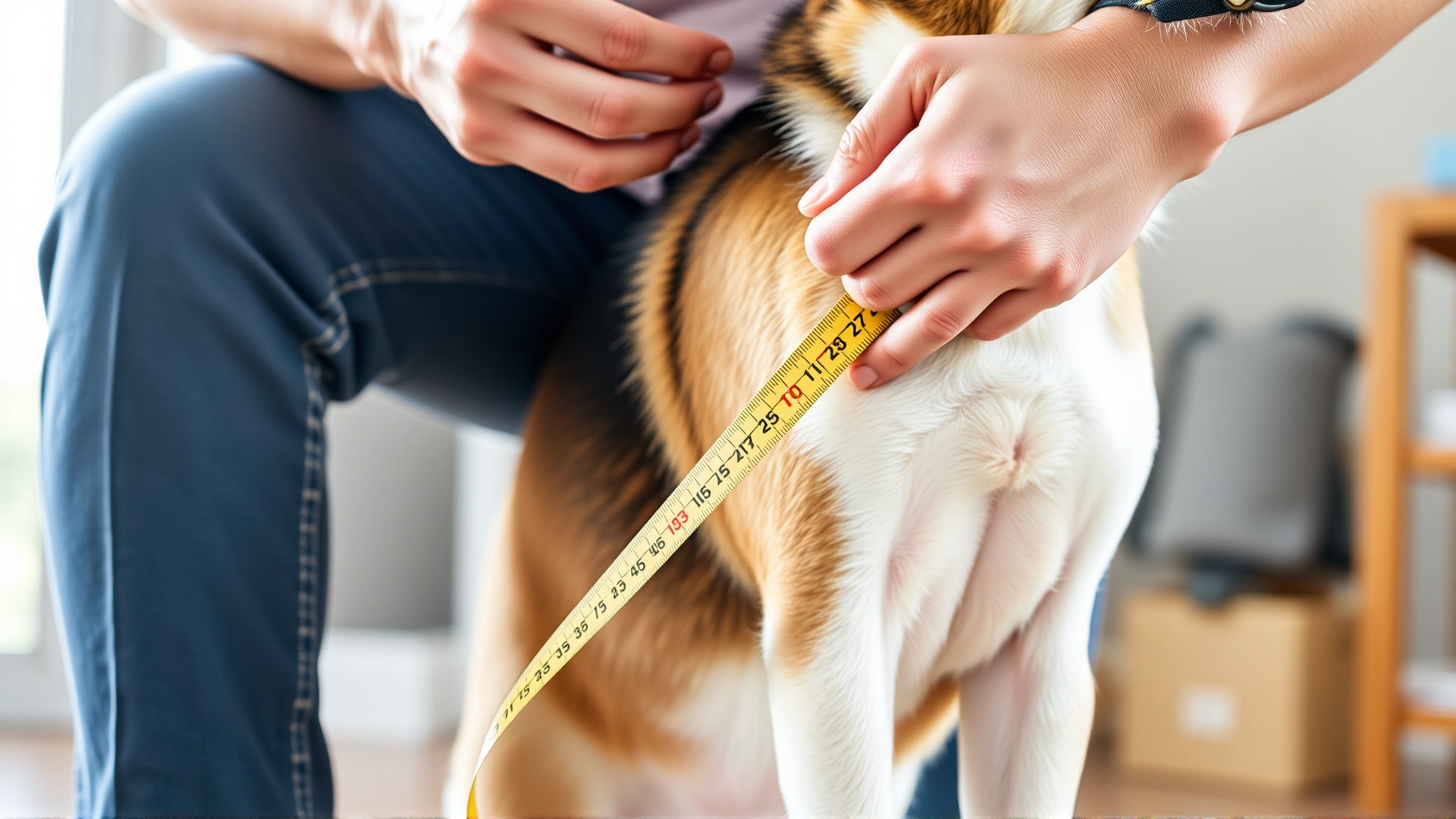 Owner using a soft measuring tape around a large dog's chest just behind the front legs, close-up, bright indoor setting.