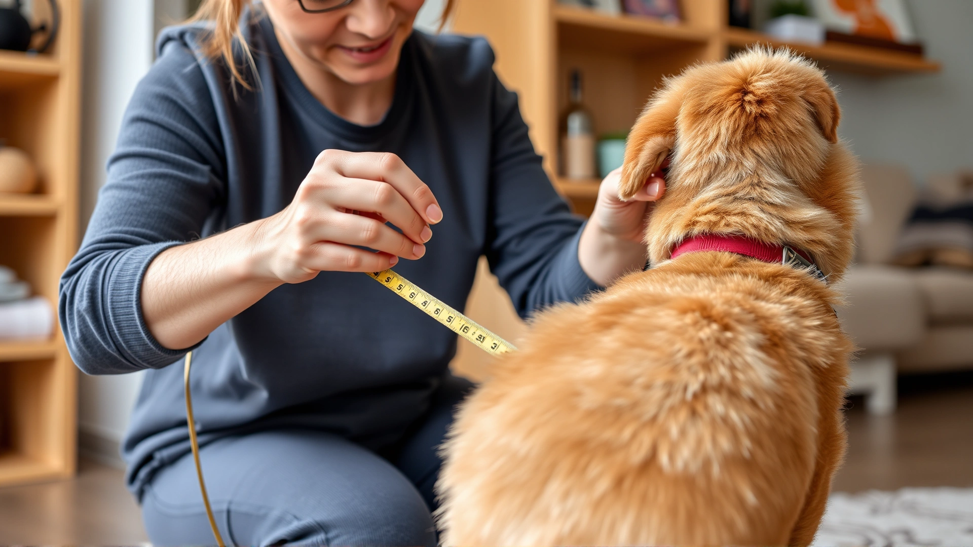 Pet parent using a soft tape measure to measure a medium-sized dog's back length indoors; clear focus on tool and dog.