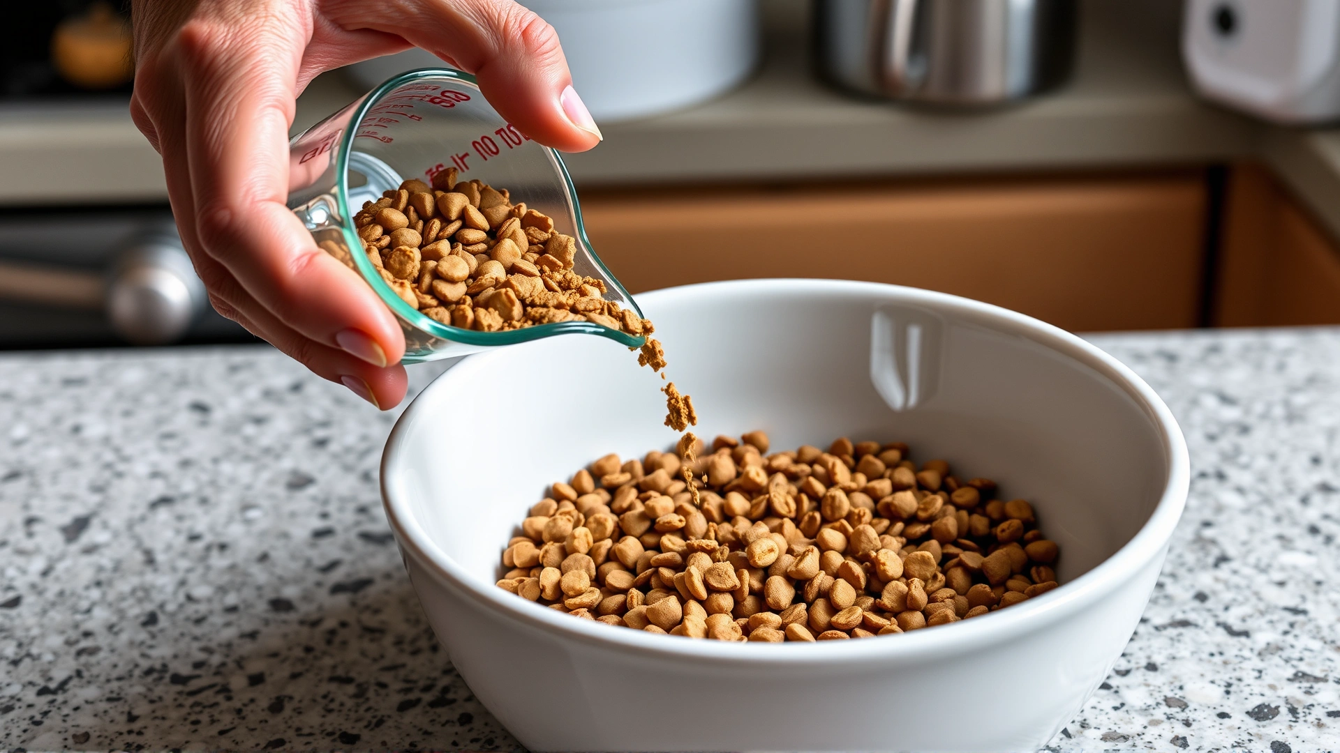 Human hand pouring dry pet food into a bowl with a measuring cup on a kitchen counter, emphasizing precise portion control.