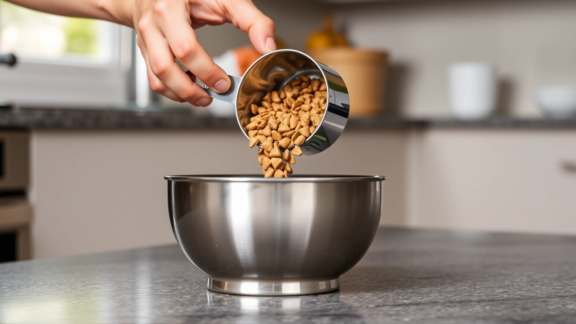 Human hand pouring dry cat kibble into a stainless-steel bowl using a measuring cup on a kitchen counter.