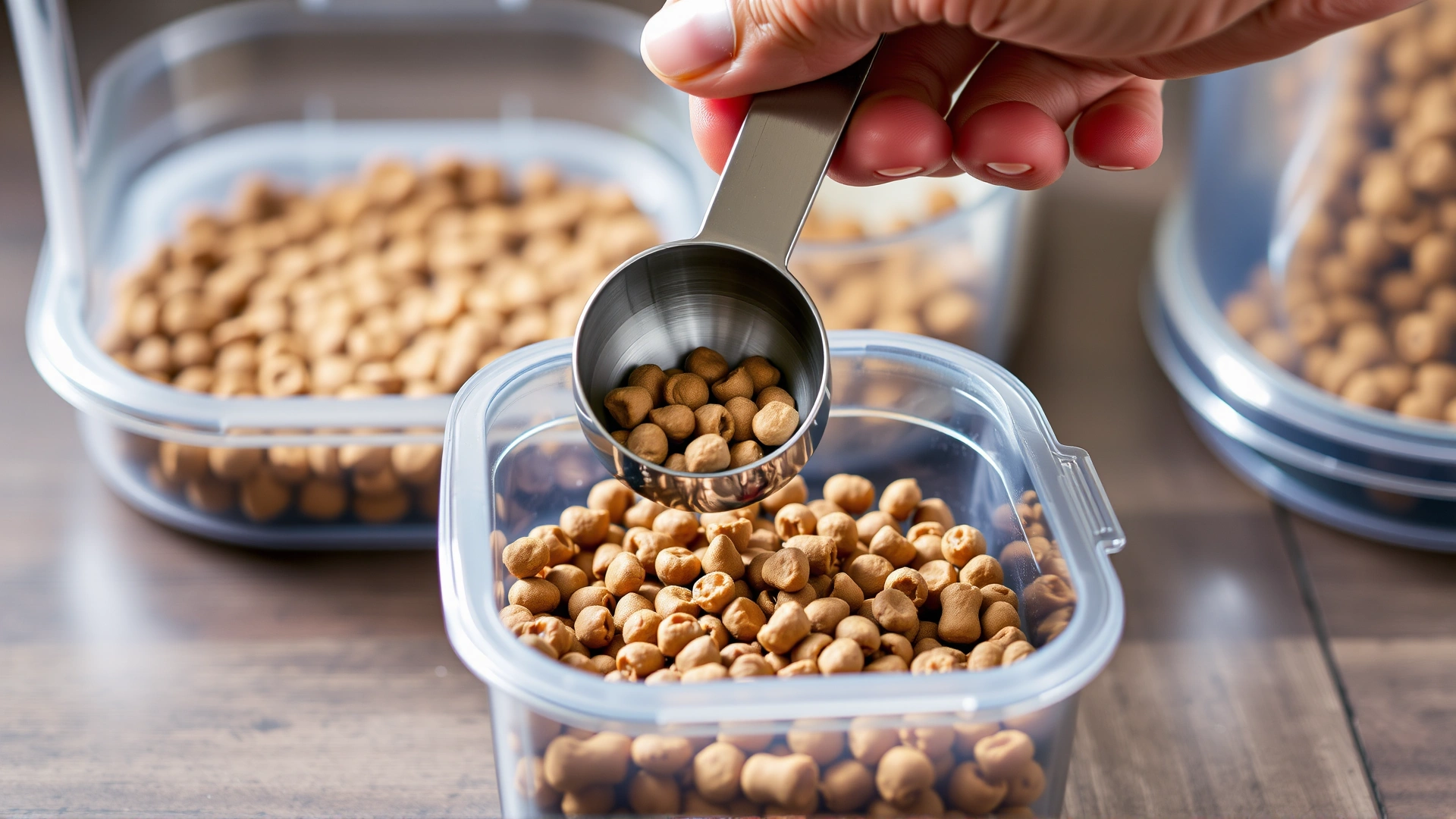 Human hand using a stainless steel measuring cup to scoop dry cat food pellets from a clear storage container.