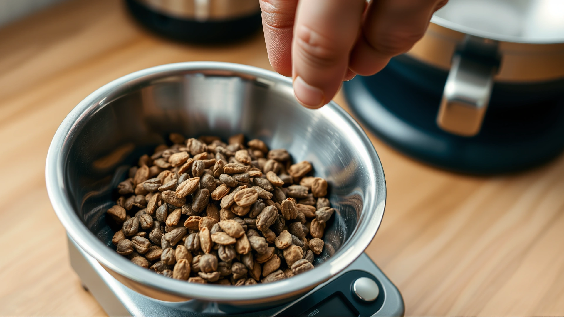 Close-up of a hand weighing dry cat food on a kitchen scale with stainless steel bowl.