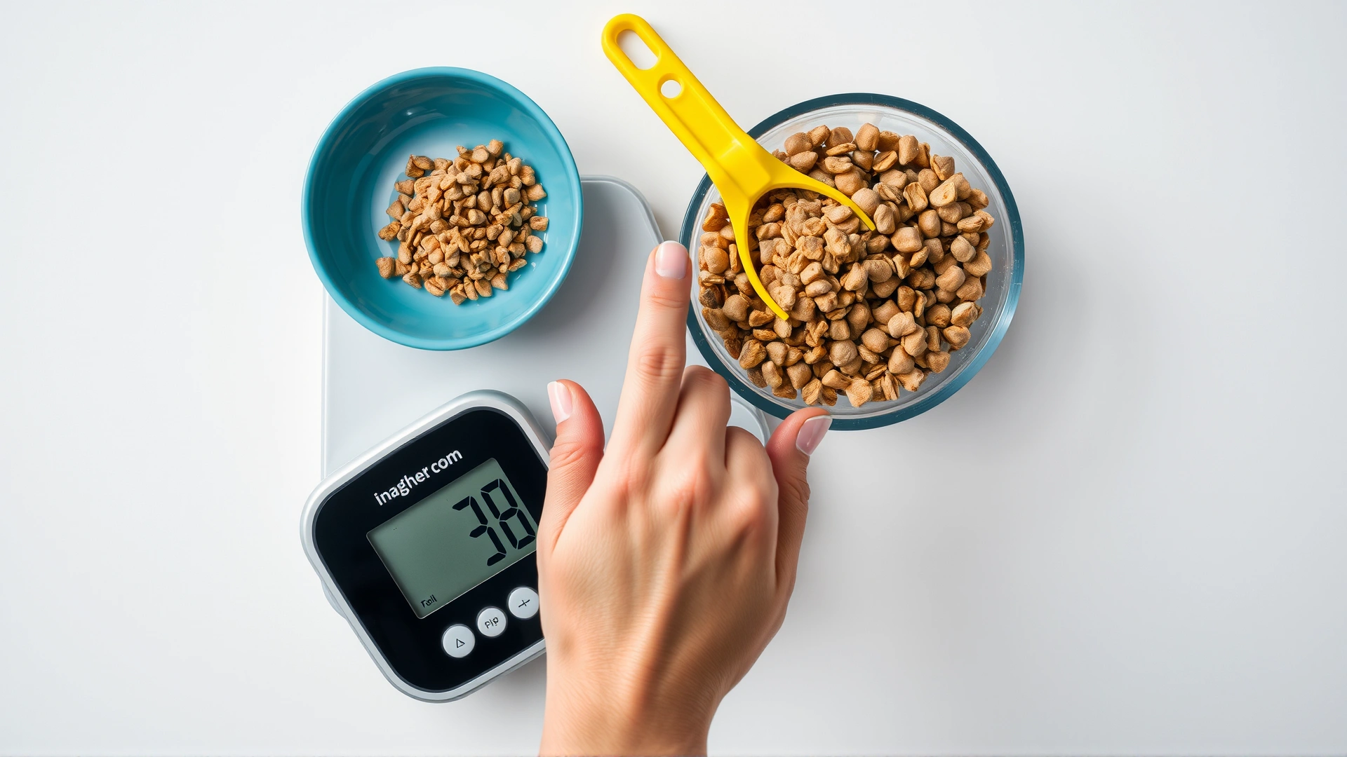 Overhead shot of a hand using a digital kitchen scale to weigh dry puppy food, clear measurement tools, neutral background