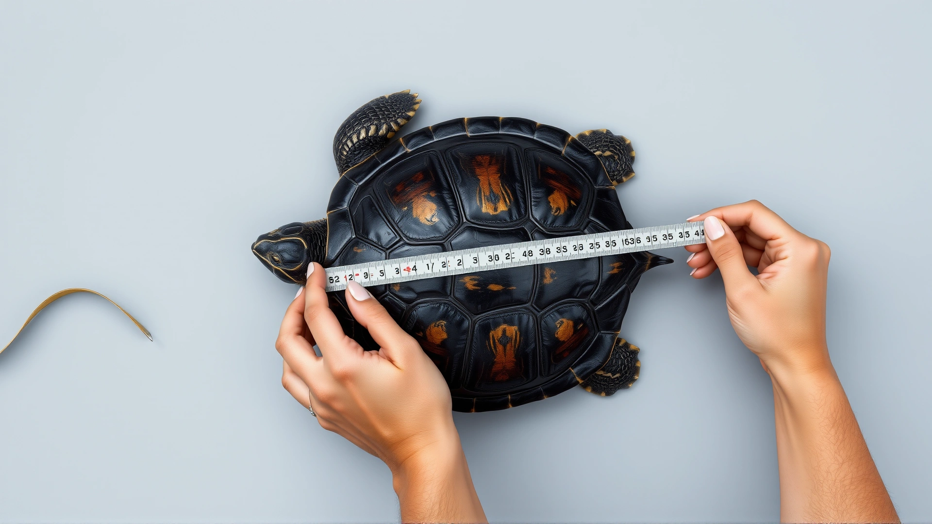Top-down view of a person gently measuring a turtle's carapace length with a flexible measuring tape on a plain neutral background.