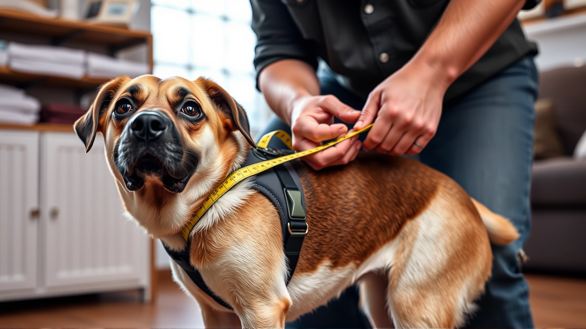 Owner using a soft measuring tape to measure a dog’s chest girth before buying a harness, indoor setting, well-lit