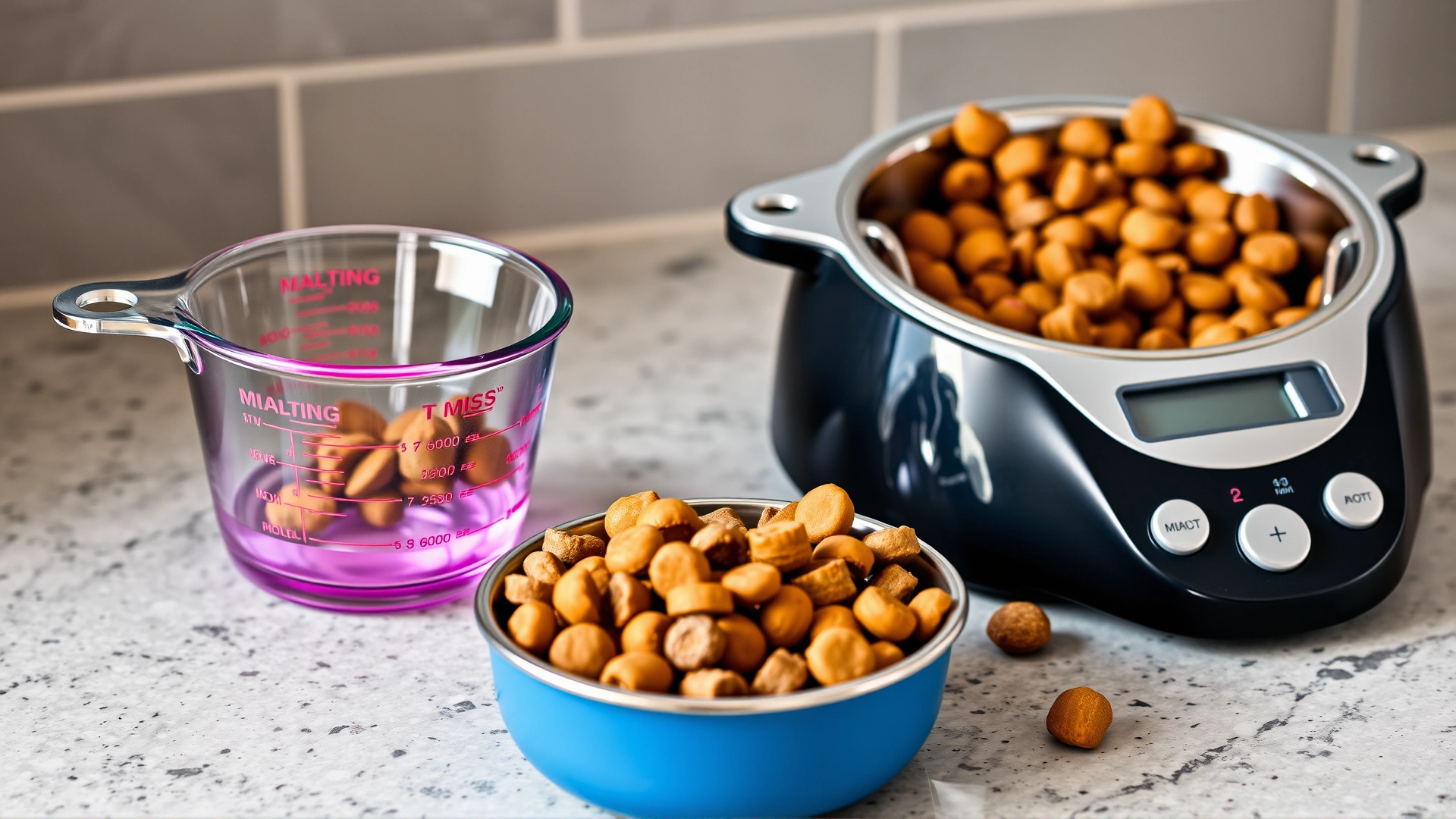 Measuring cups and a digital kitchen scale next to a dog bowl partially filled with kibble on a countertop