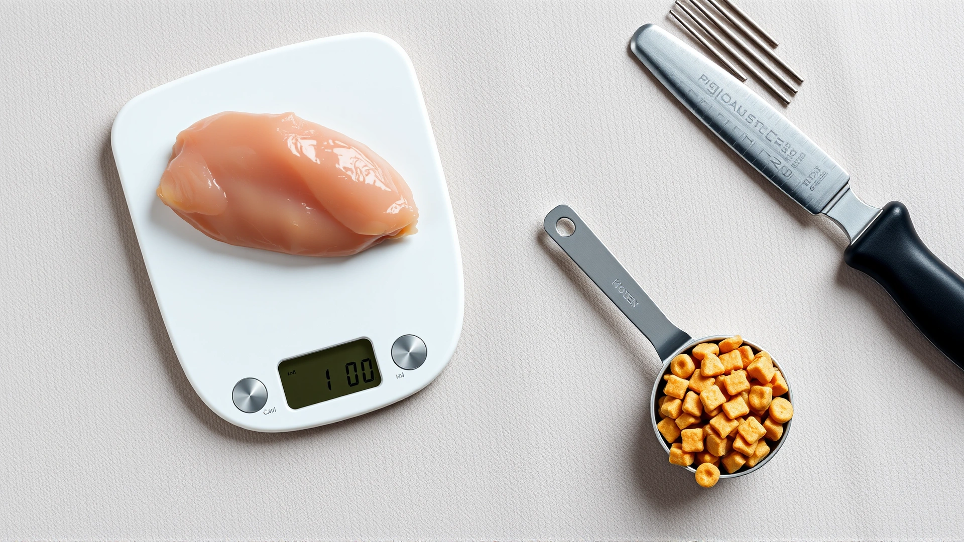 Flat-lay of a digital kitchen scale weighing raw chicken breast next to a measuring spoon of kibble, representing protein calculation.